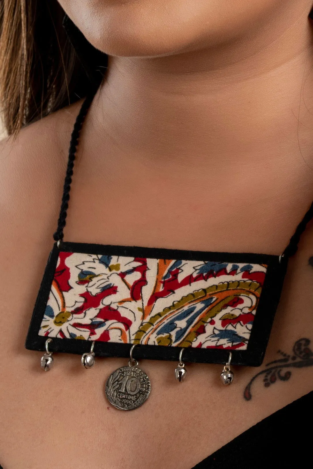Handcrafted Red Black Kalamkari Fabric Neckpiece Set with Oxidized Silver Coin Ghungroo and Earrings