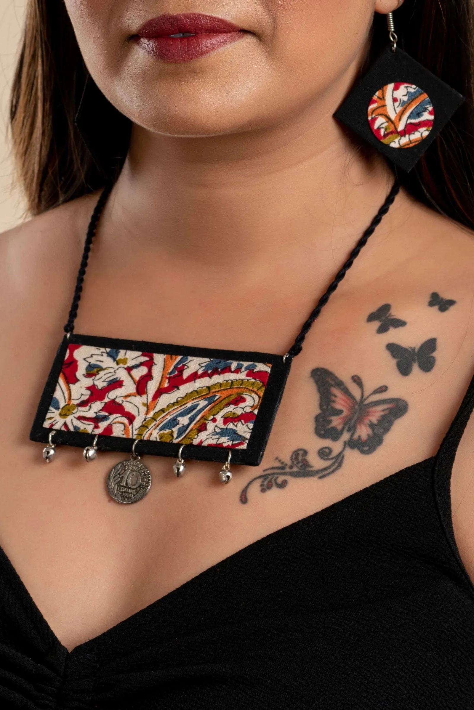 Handcrafted Red Black Kalamkari Fabric Neckpiece Set with Oxidized Silver Coin Ghungroo and Earrings