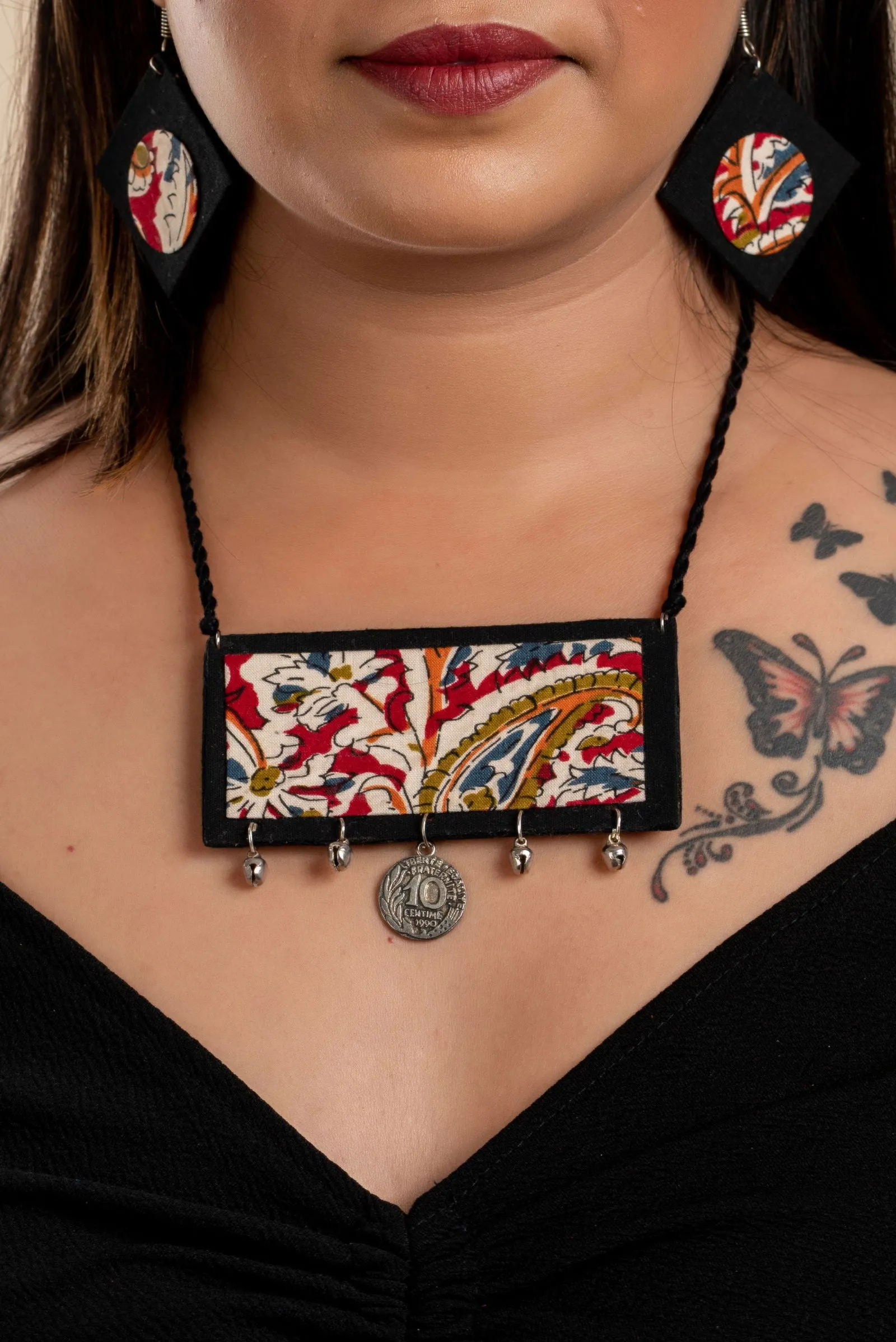 Handcrafted Red Black Kalamkari Fabric Neckpiece Set with Oxidized Silver Coin Ghungroo and Earrings