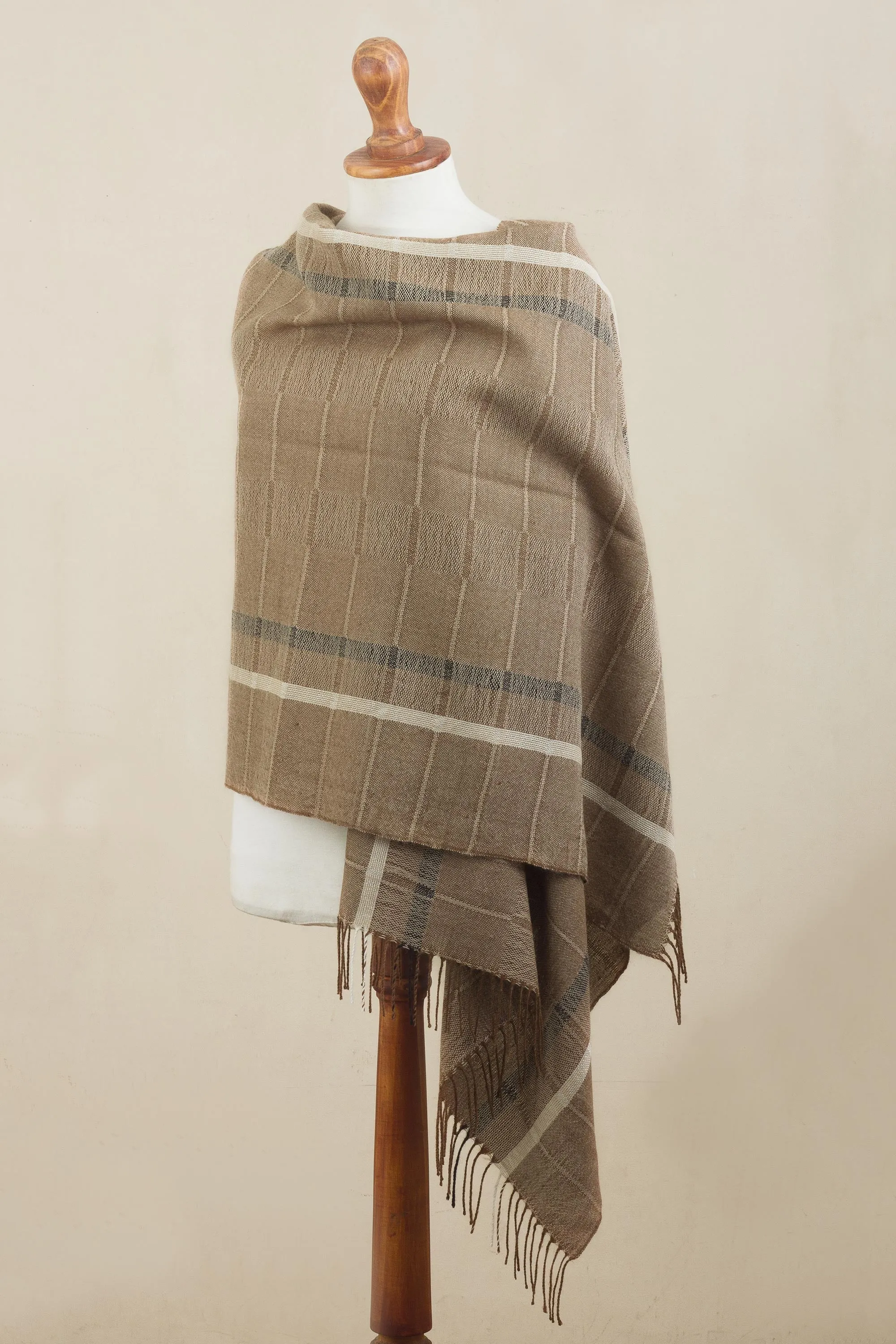 Handwoven Patterned Sepia Brown Baby Alpaca Shawl - Sepia Windowpanes | NOVICA