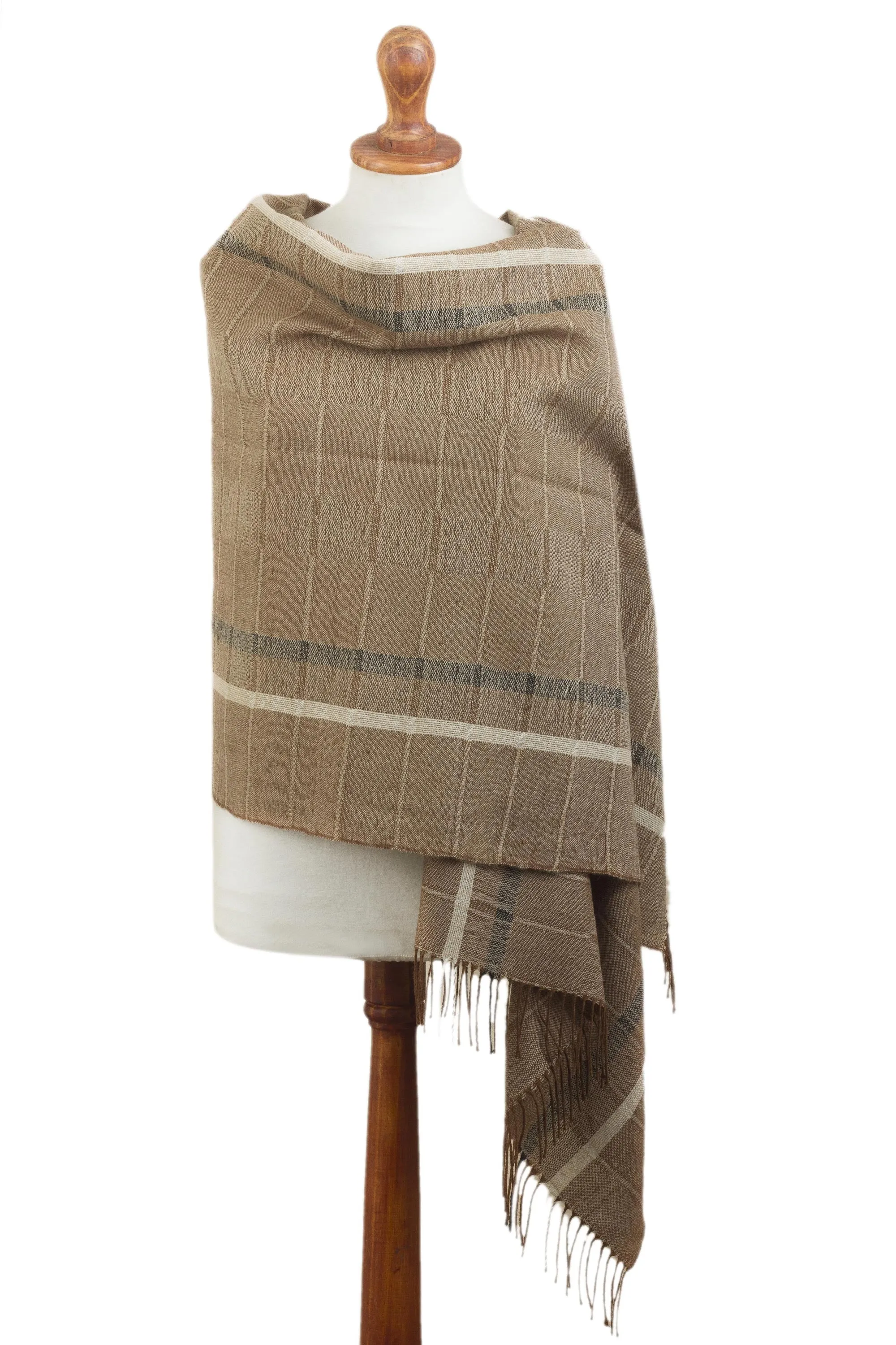 Handwoven Patterned Sepia Brown Baby Alpaca Shawl - Sepia Windowpanes | NOVICA