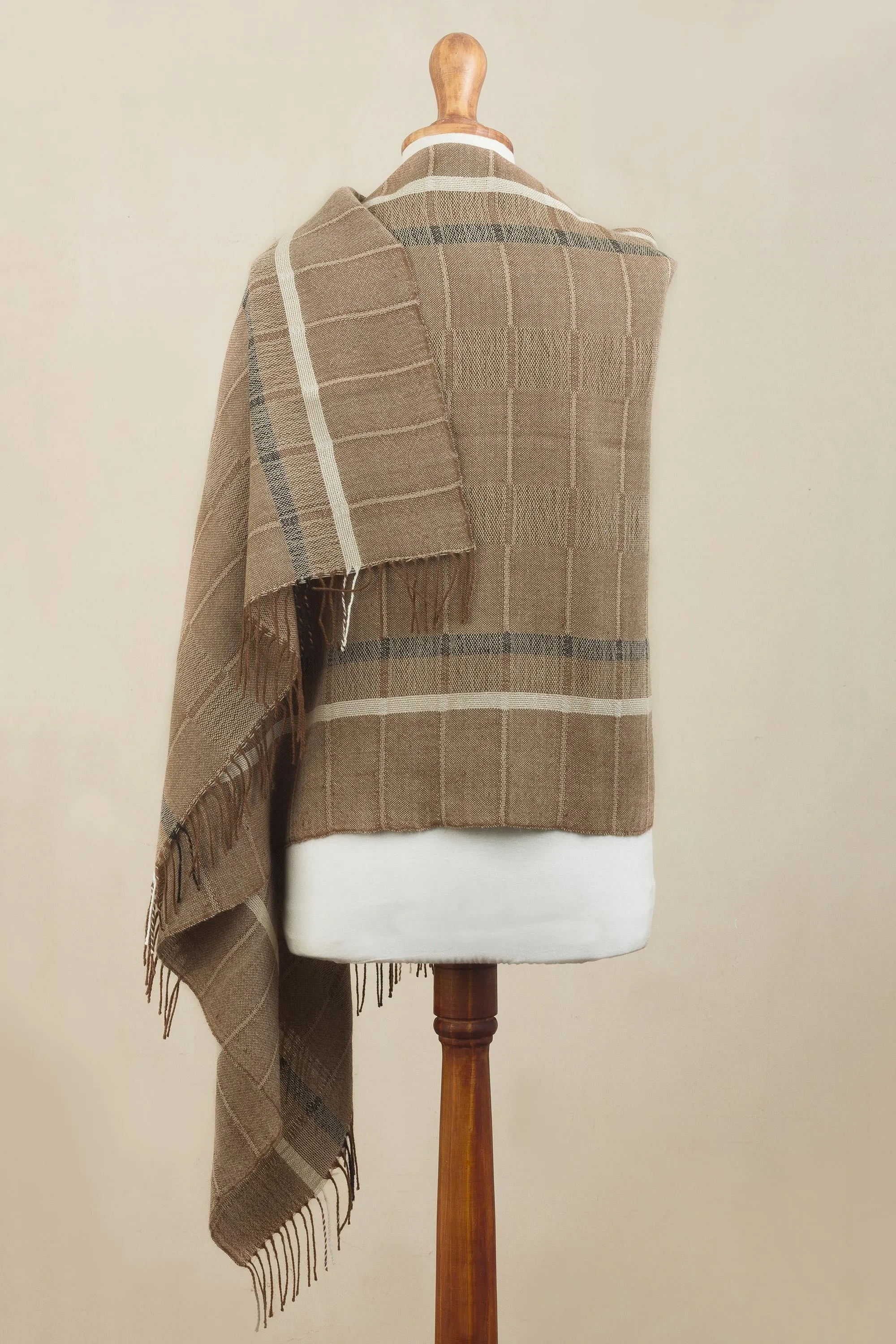 Handwoven Patterned Sepia Brown Baby Alpaca Shawl - Sepia Windowpanes | NOVICA
