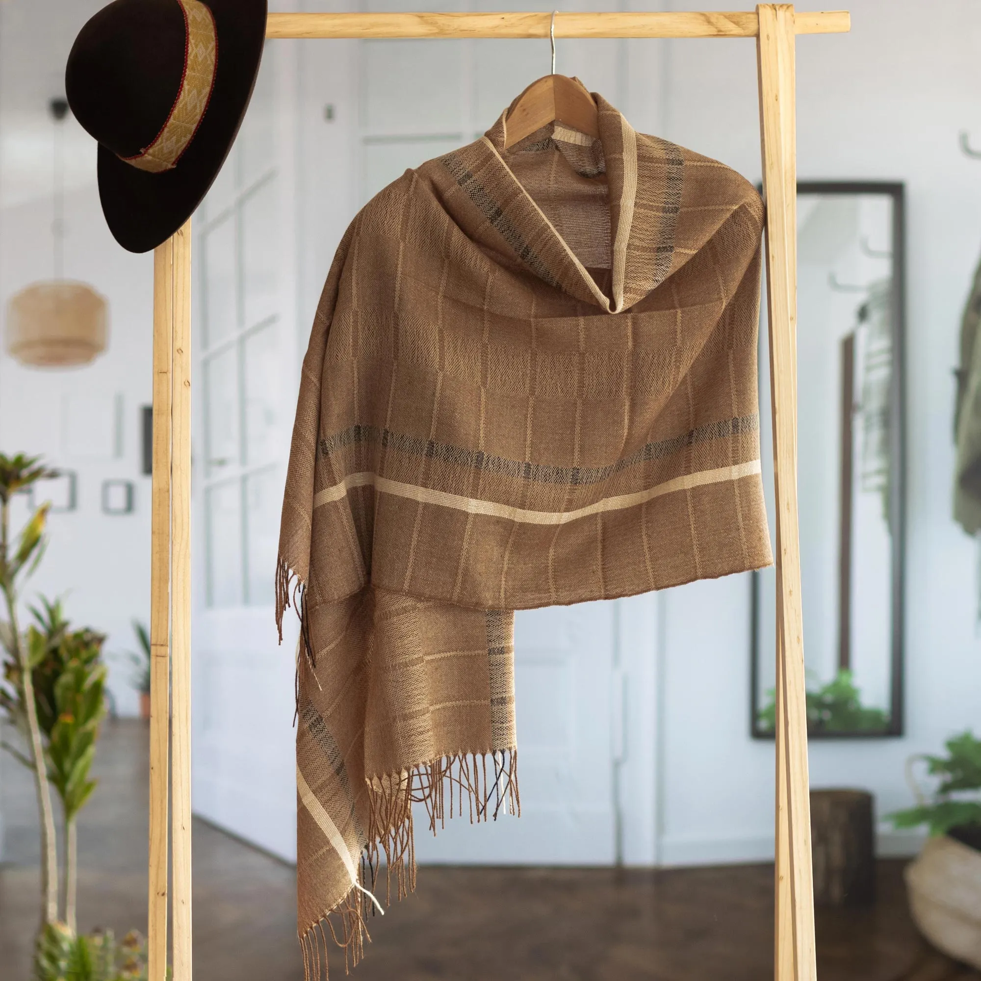 Handwoven Patterned Sepia Brown Baby Alpaca Shawl - Sepia Windowpanes | NOVICA
