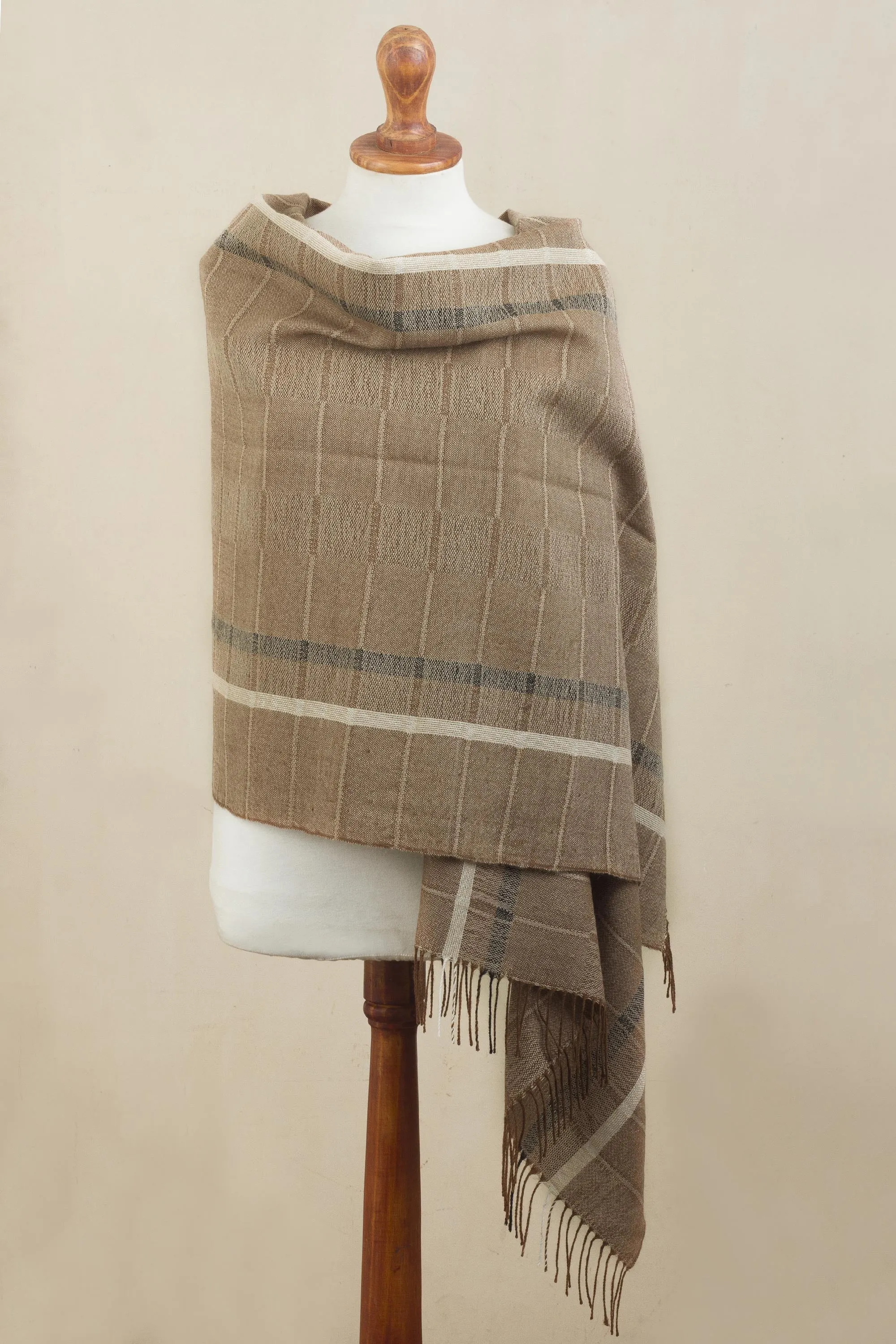 Handwoven Patterned Sepia Brown Baby Alpaca Shawl - Sepia Windowpanes | NOVICA