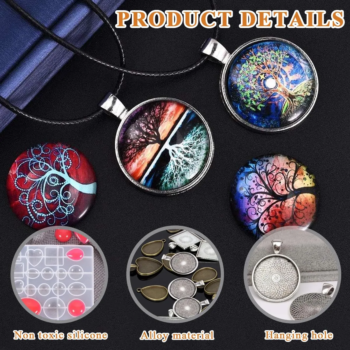 HASTHIP Resin Molds Set Pendant Trays Diy Jewelry Making Resin Molds Set,30Pcs 5 Styles Metal Pendant And 1 Pc Silicone Epoxy Jewelry Casting Molds For Pendant Crafting Diy Jewelry Gift Making,Clear