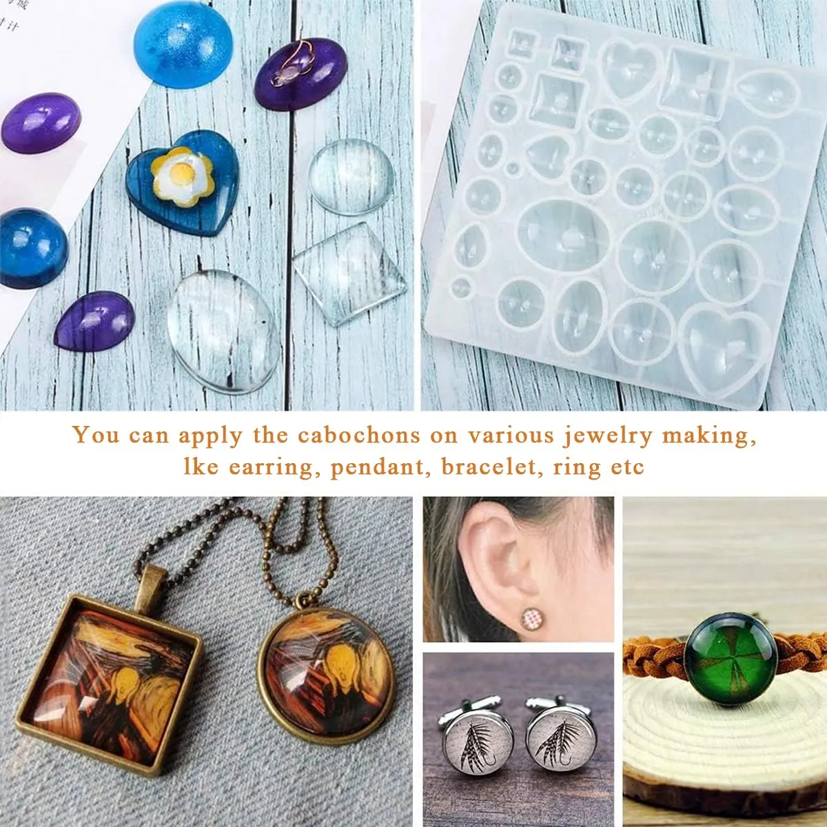 HASTHIP Resin Molds Set Pendant Trays Diy Jewelry Making Resin Molds Set,30Pcs 5 Styles Metal Pendant And 1 Pc Silicone Epoxy Jewelry Casting Molds For Pendant Crafting Diy Jewelry Gift Making,Clear