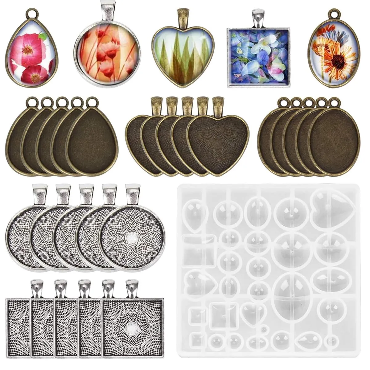 HASTHIP Resin Molds Set Pendant Trays Diy Jewelry Making Resin Molds Set,30Pcs 5 Styles Metal Pendant And 1 Pc Silicone Epoxy Jewelry Casting Molds For Pendant Crafting Diy Jewelry Gift Making,Clear