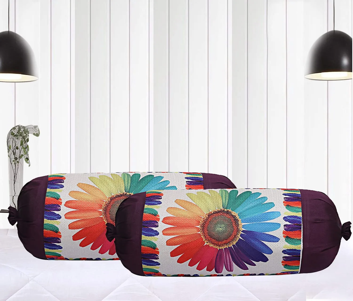 Heart Home Bolster Cover|Polyester Bolster Cover Set|Diwan Round Bolster Pillow Covers|Luxurious Sun Flower Print Roll Masand Cover|Pack of 2 (Cream)