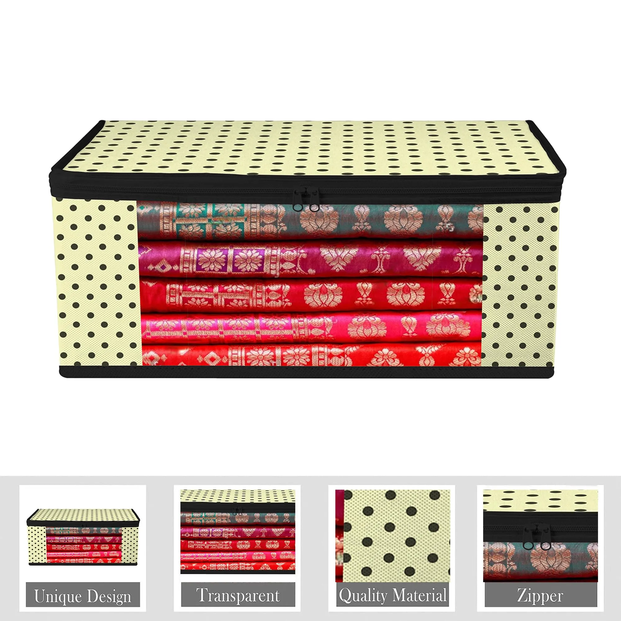 Heart Home Saree Cover | Clothes Storage Bag | Storage Organizer Bag | Zip Closure Saree Cover | Wardrobe Organizer | Dot-Design Saree Covers | 6 Inch | Pack of 6 | Cream