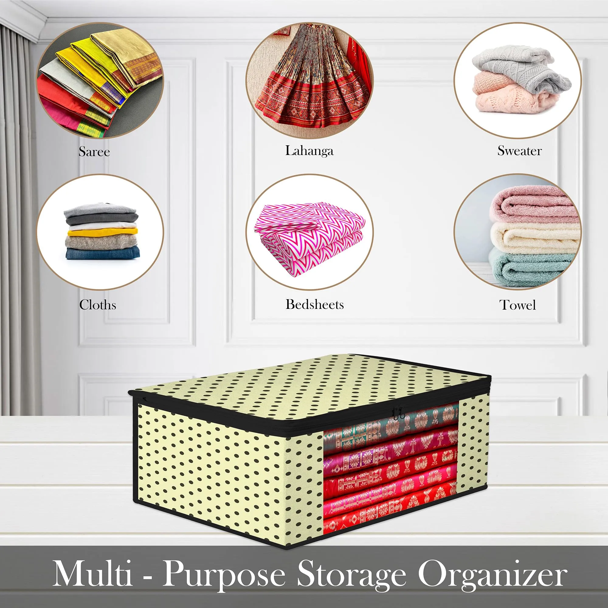 Heart Home Saree Cover | Clothes Storage Bag | Storage Organizer Bag | Zip Closure Saree Cover | Wardrobe Organizer | Dot-Design Saree Covers | 6 Inch | Pack of 6 | Cream