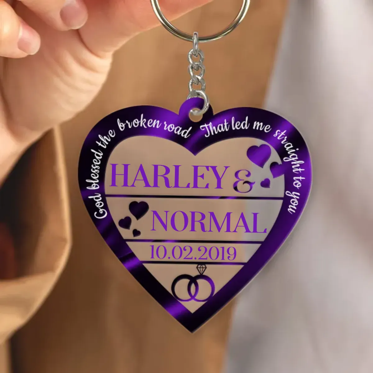 Hearts Love Ring God Blessed Personalized Couple Acrylic Keychain