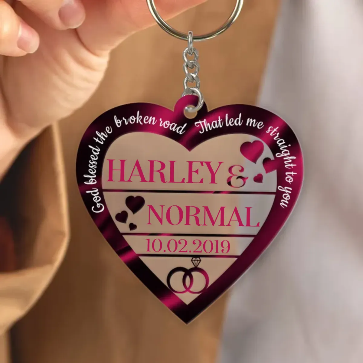 Hearts Love Ring God Blessed Personalized Couple Acrylic Keychain