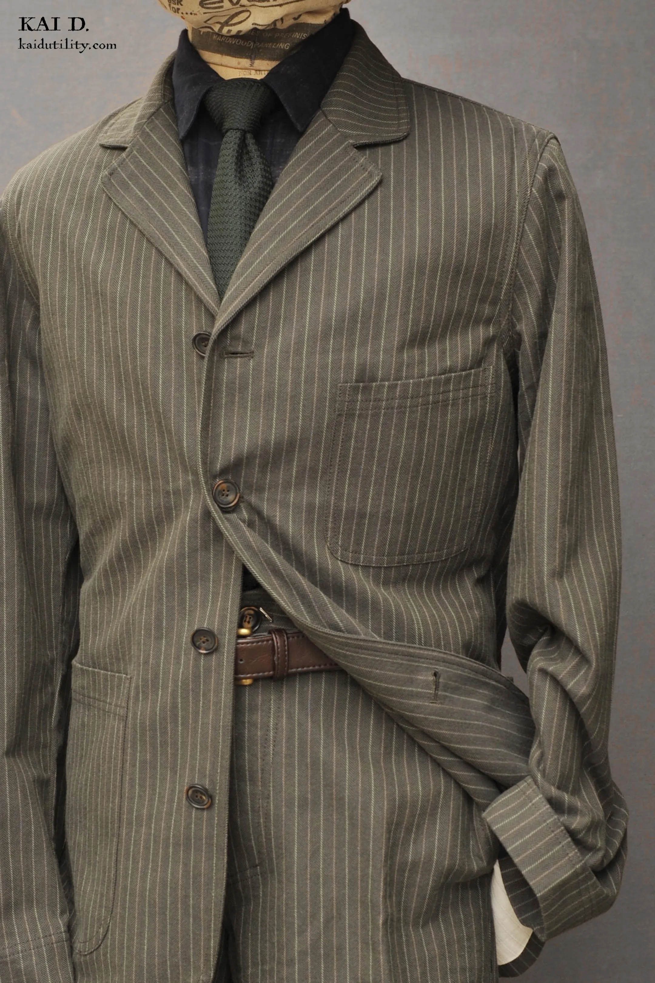 Herringbone Stripe Lukas Jacket - Khaki Pin - M
