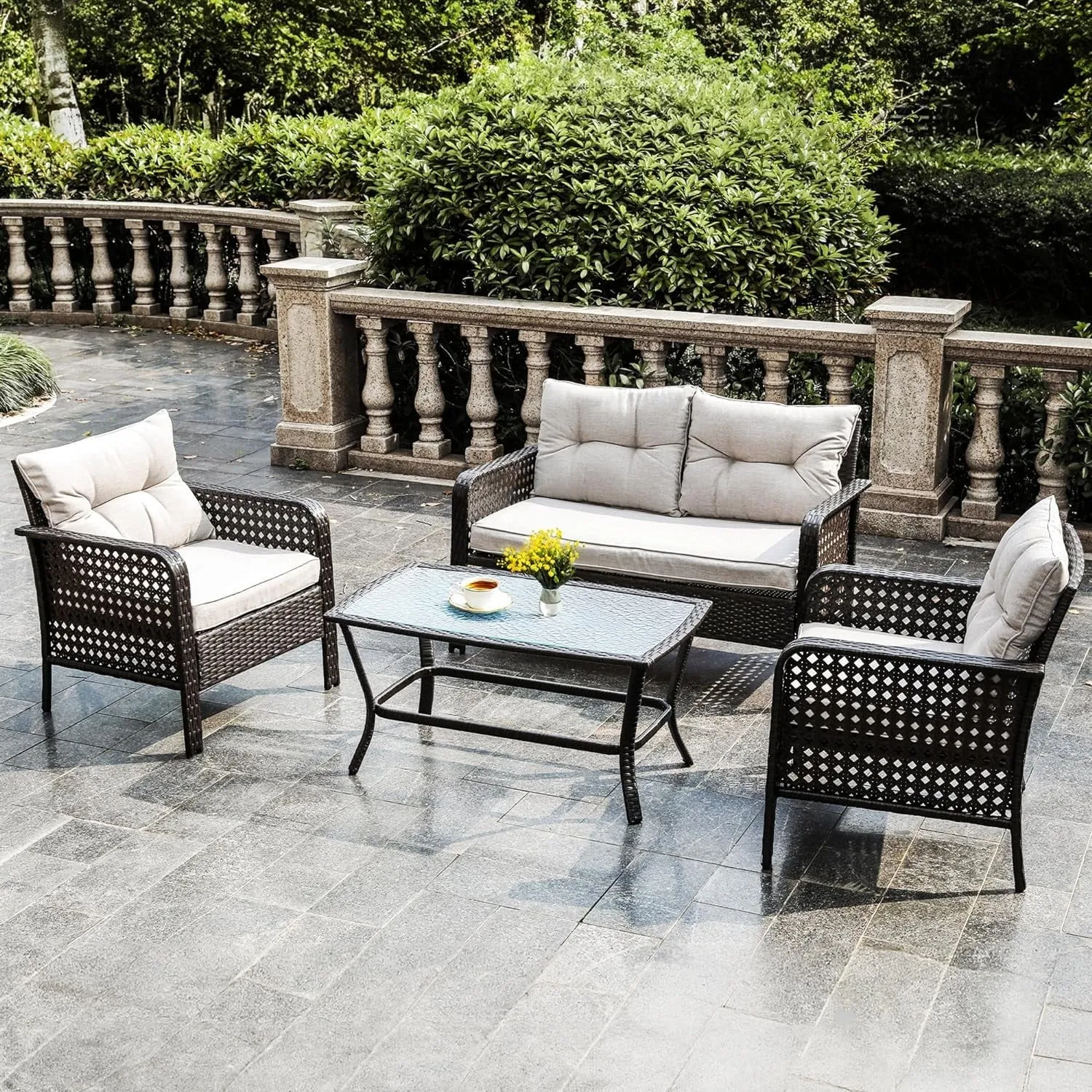 Heynemo Superjoe 4 Pieces Patio Furniture Set, Outdoor Rattan Chair Wicker Conversation Sets with Cushions and Glass Coffee Table, for Porch Balcony Garden Backyard Deck,Beige
