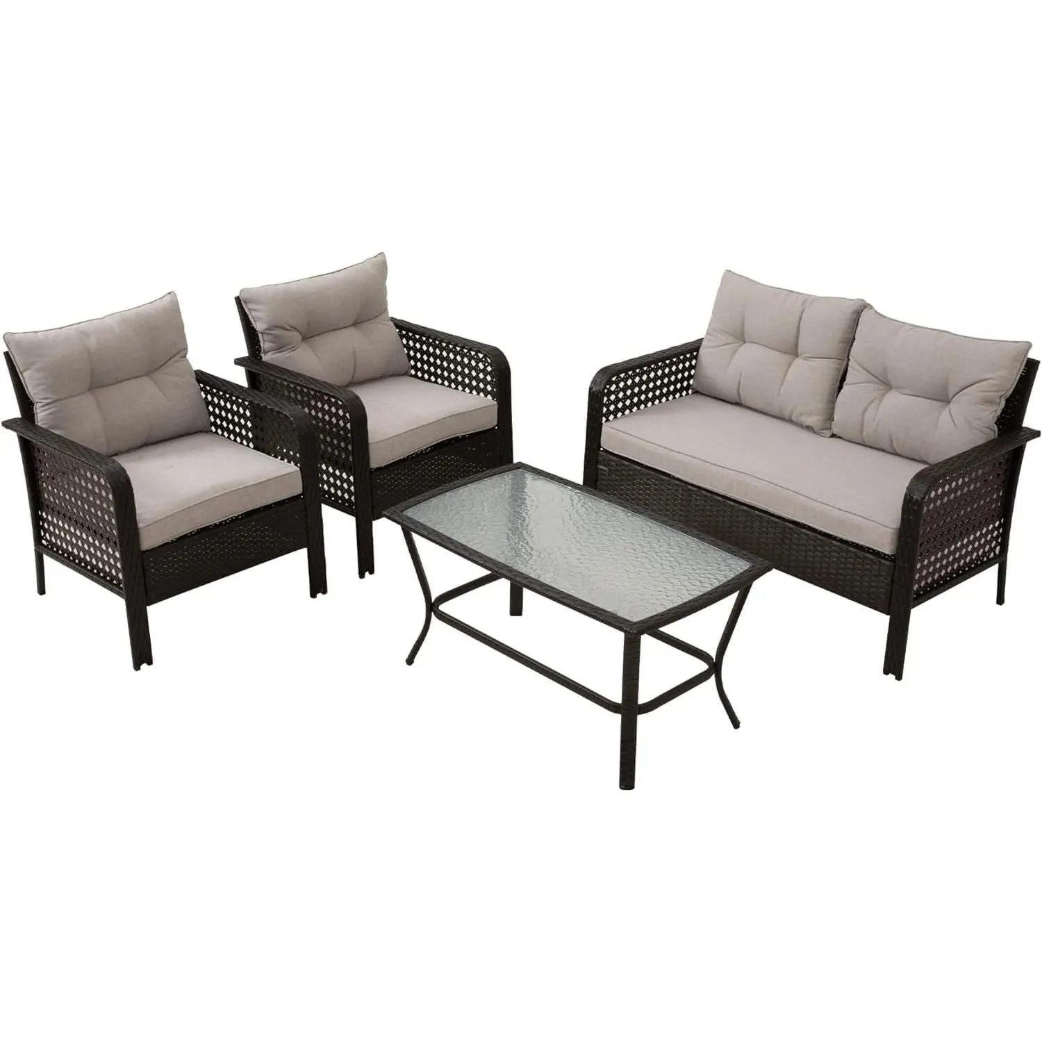 Heynemo Superjoe 4 Pieces Patio Furniture Set, Outdoor Rattan Chair Wicker Conversation Sets with Cushions and Glass Coffee Table, for Porch Balcony Garden Backyard Deck,Beige