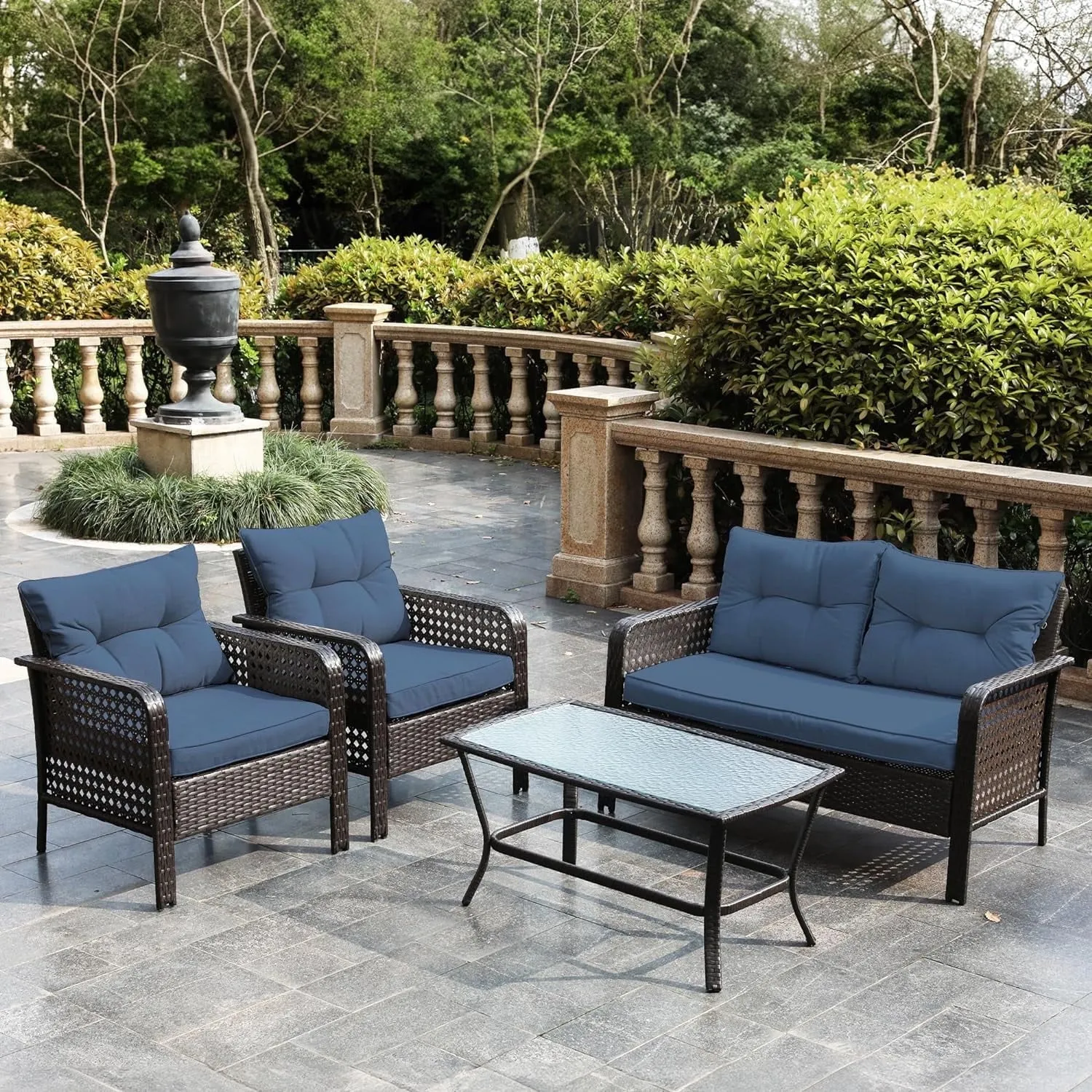 Heynemo Superjoe 4 Pieces Patio Furniture Set, Outdoor Rattan Chair Wicker Conversation Sets with Cushions and Glass Coffee Table, for Porch Balcony Garden Backyard Deck,Beige