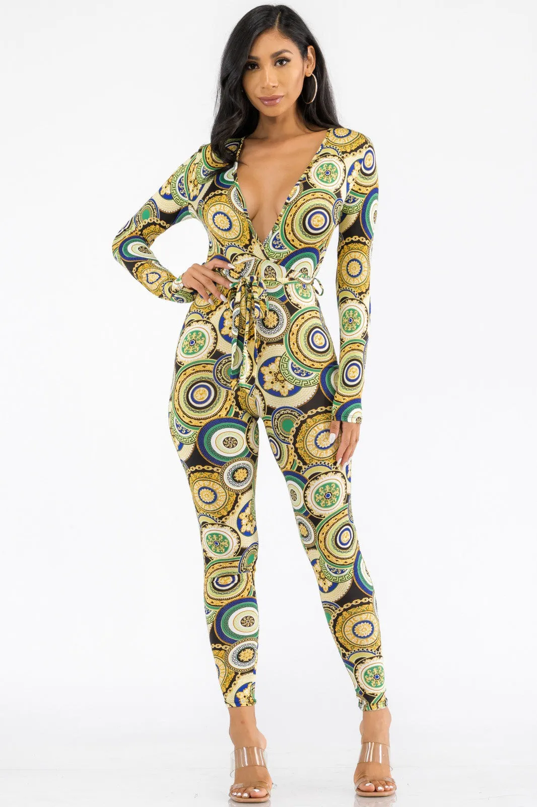 HH626X-GEO - LONG SLEEVE BODYCON JUMPSUIT