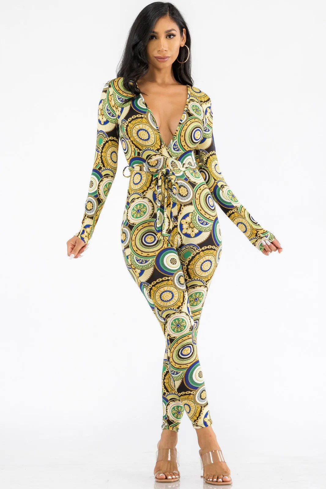 HH626X-GEO - LONG SLEEVE BODYCON JUMPSUIT