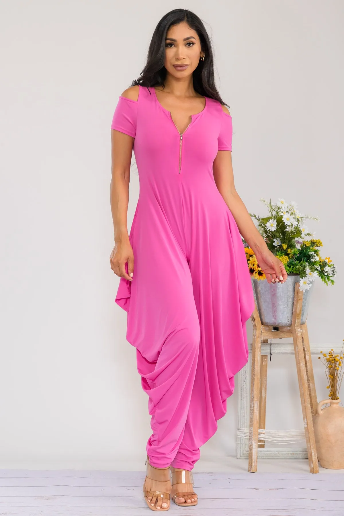 HH765X-S - COLD SHOULDER FRONT ZIPPER  JUMPSUIT