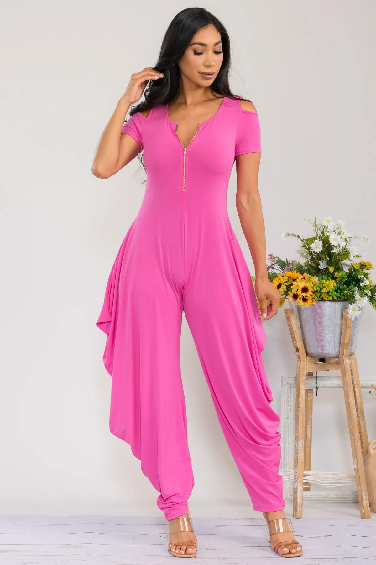 HH765X-S - COLD SHOULDER FRONT ZIPPER  JUMPSUIT