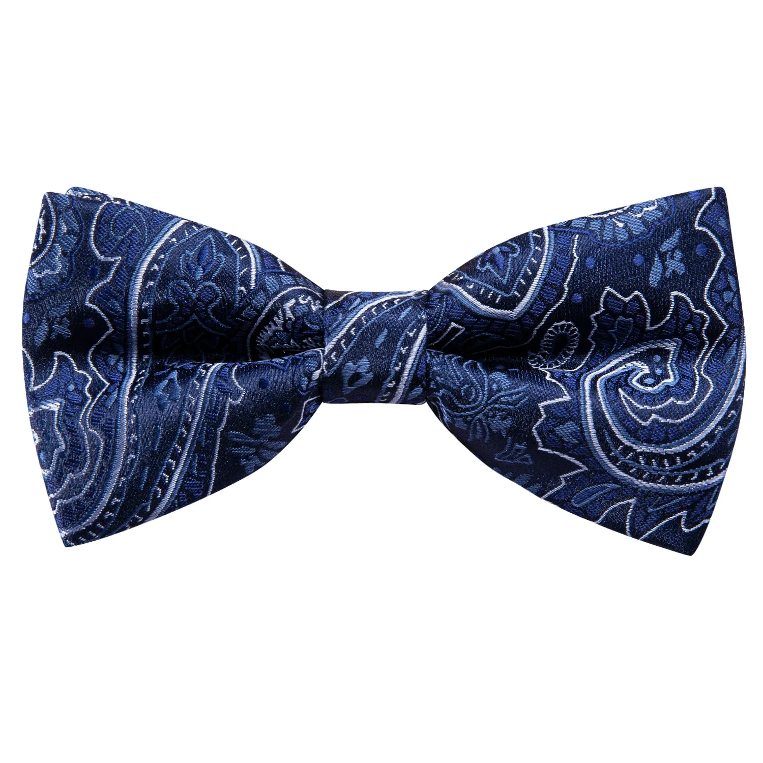Hi-Tie Blue White Paisley Silk Pre-tied Bow Tie Hanky Cufflinks Set