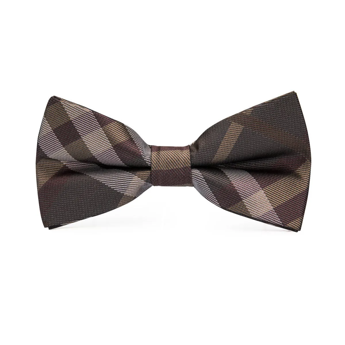 Hi-Tie Brown Plaid Pre-tied Mens Checkered Bow Tie Hanky Cufflinks Set