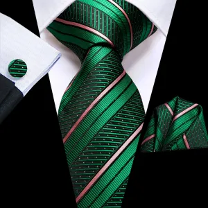 Hi-Tie Green Pink Stripe White Dot Necktie Pocket Square Cufflinks Set
