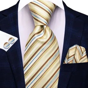 Hi-Tie Light Yellow Brown Blue Striped Tie Pocket Square Cufflinks Set Hi-Tie Light Yellow Brown Blue Striped Tie Pocket Square Cufflinks Set
