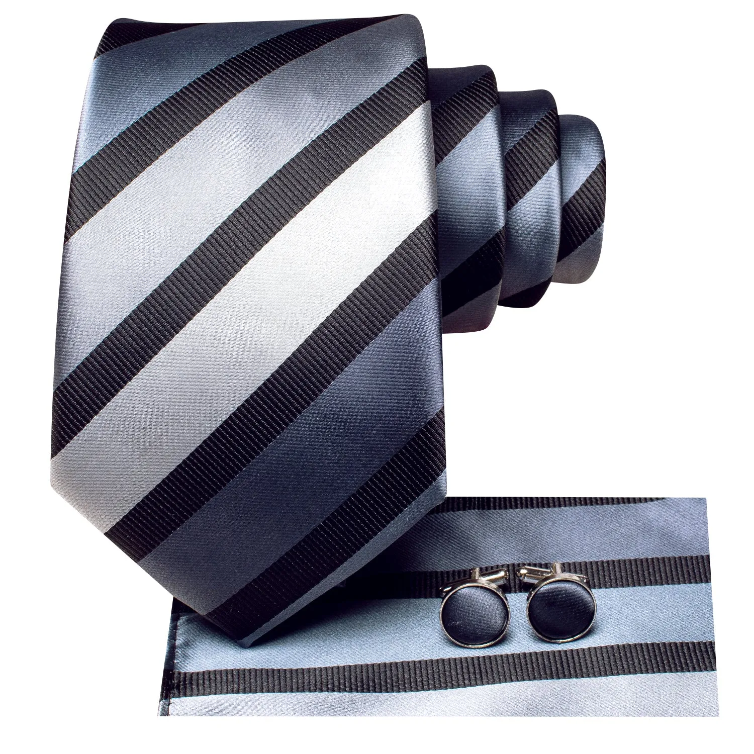 Hi-Tie Silver Grey Necktie Black Stripe Tie Handkerchief Cufflinks Set