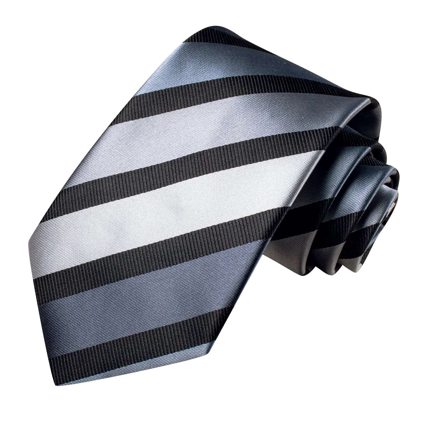 Hi-Tie Silver Grey Necktie Black Stripe Tie Handkerchief Cufflinks Set