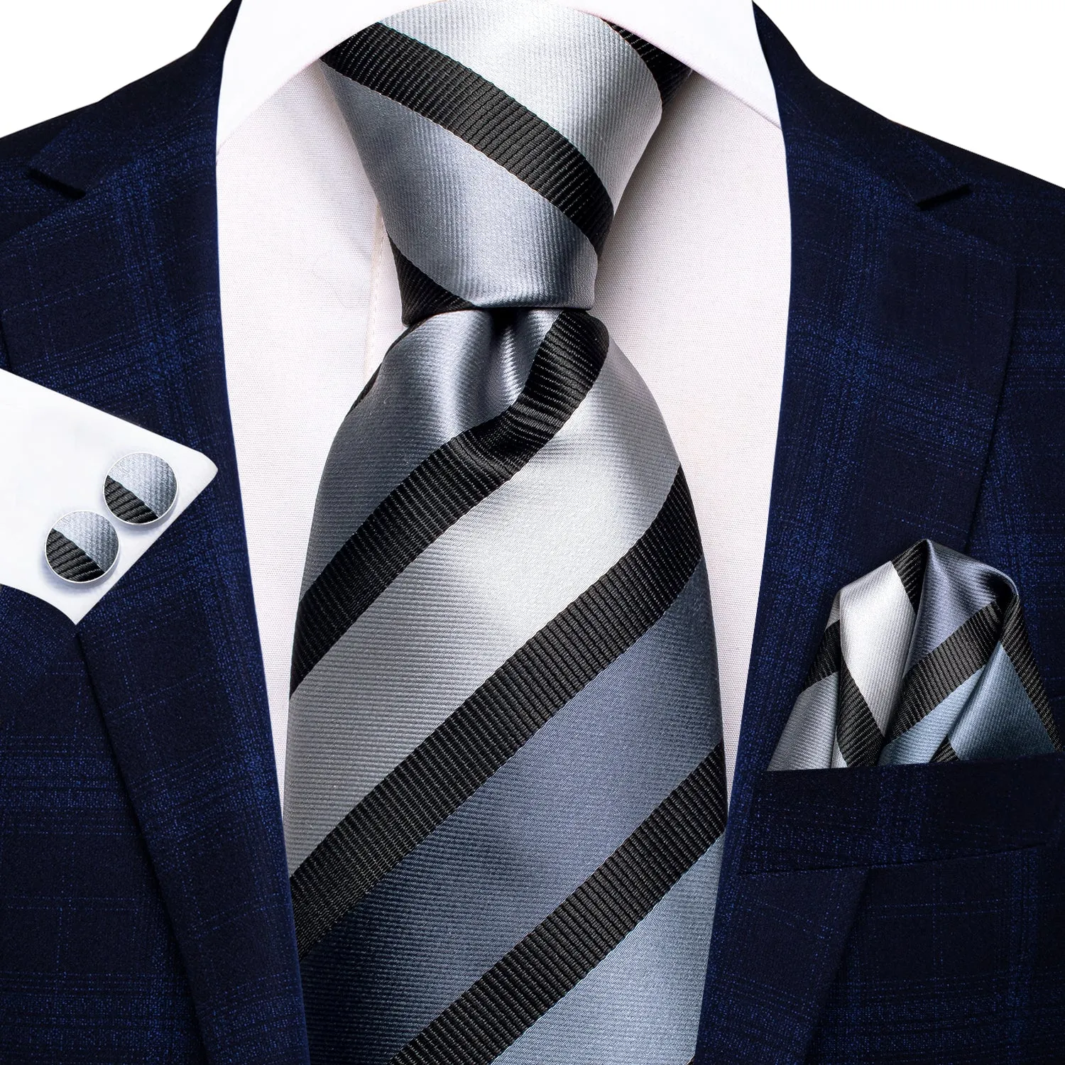 Hi-Tie Silver Grey Necktie Black Stripe Tie Handkerchief Cufflinks Set