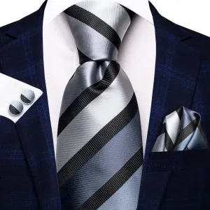 Hi-Tie Silver Grey Necktie Black Stripe Tie Handkerchief Cufflinks Set