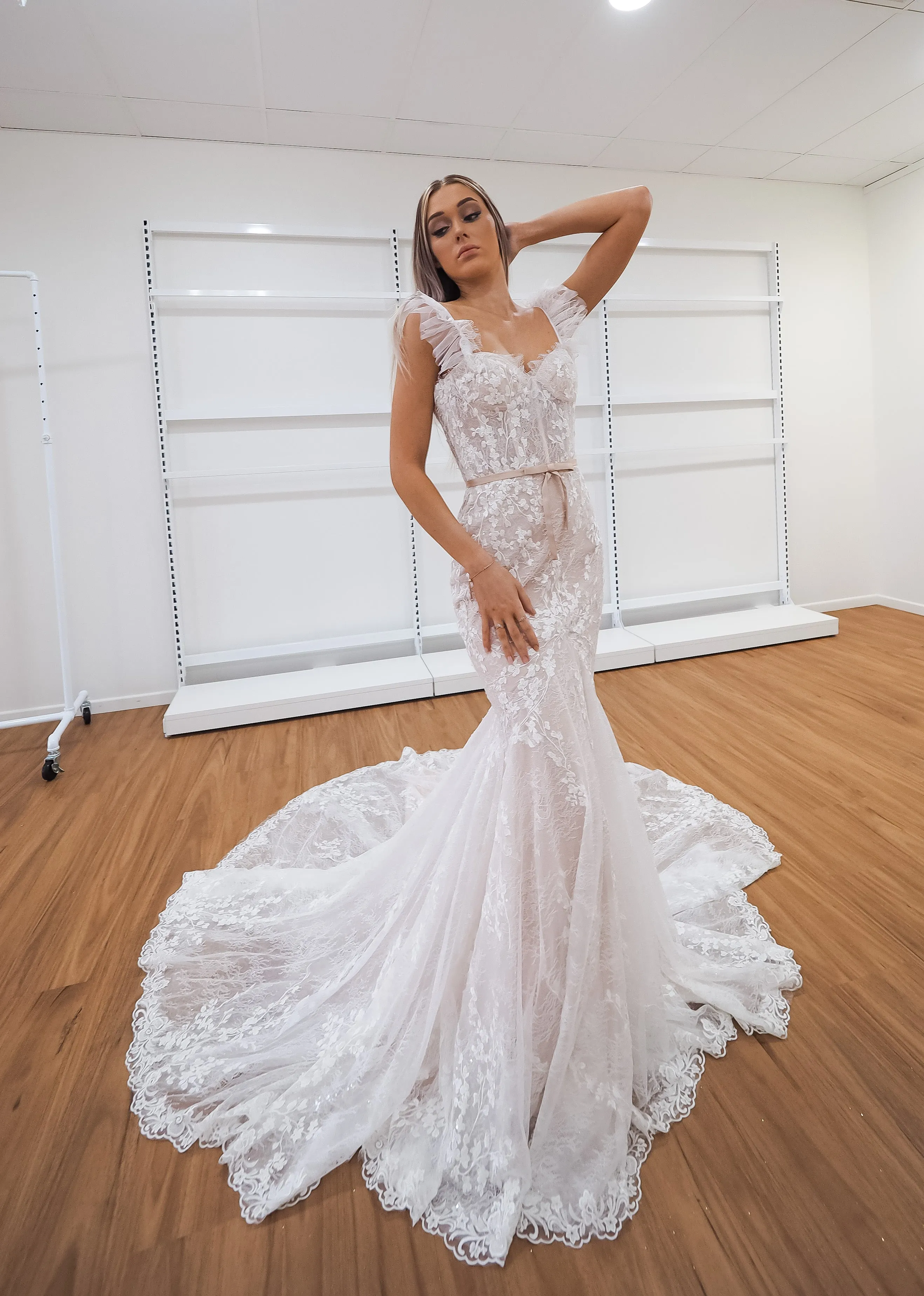 hidden bustier cups blush mermaid dress with long train for hire