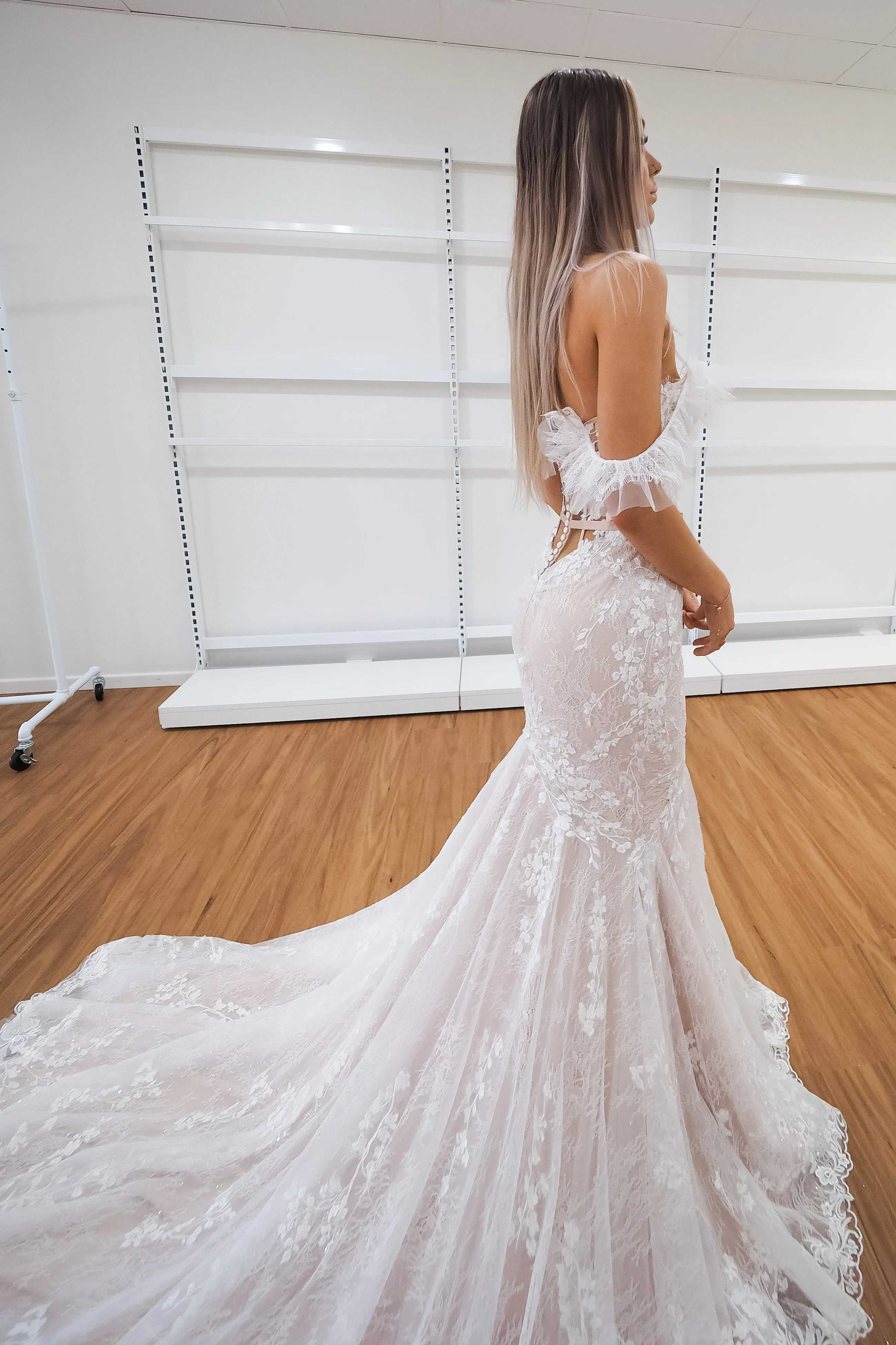 hidden bustier cups blush mermaid dress with long train for hire
