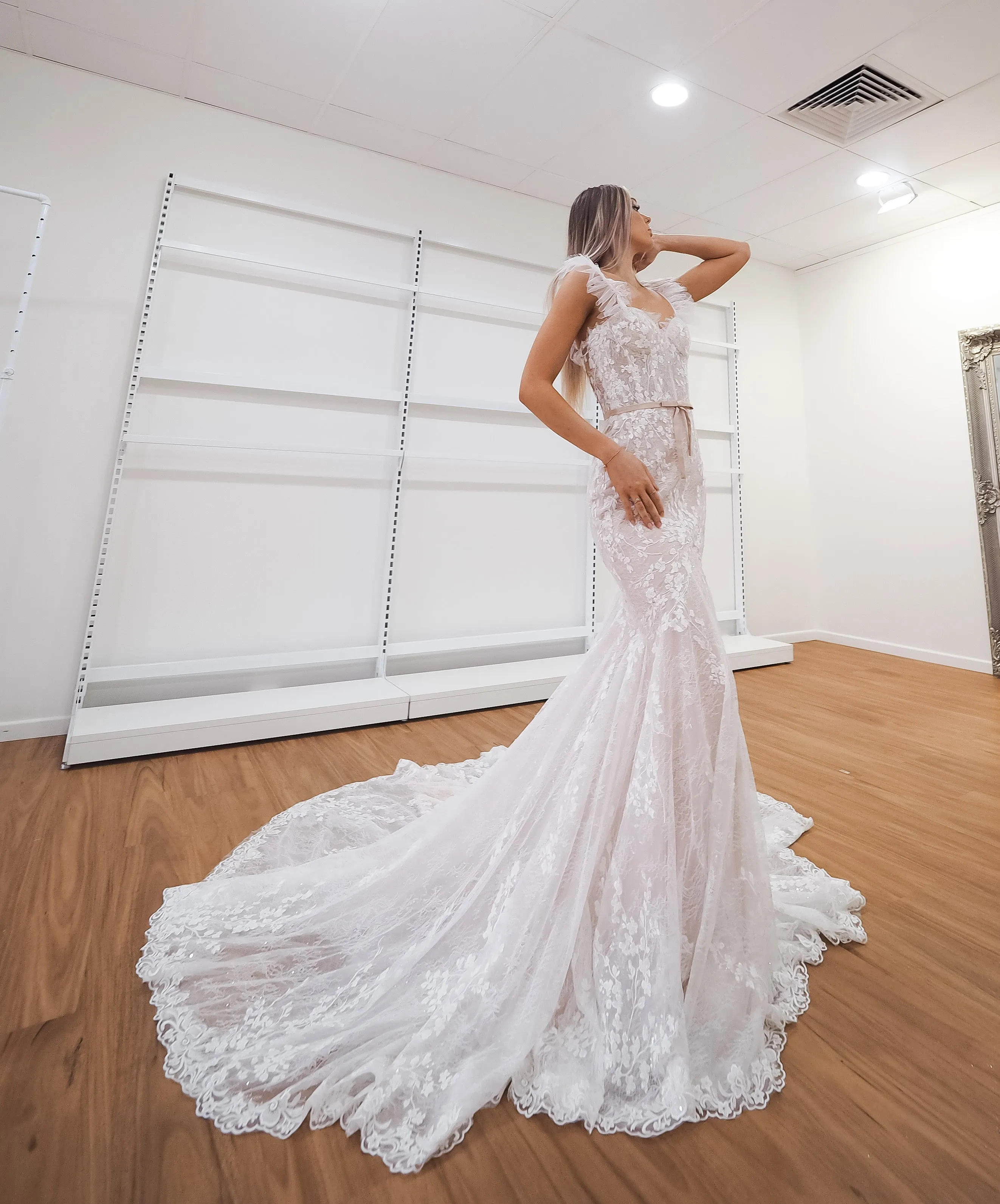 hidden bustier cups blush mermaid dress with long train for hire