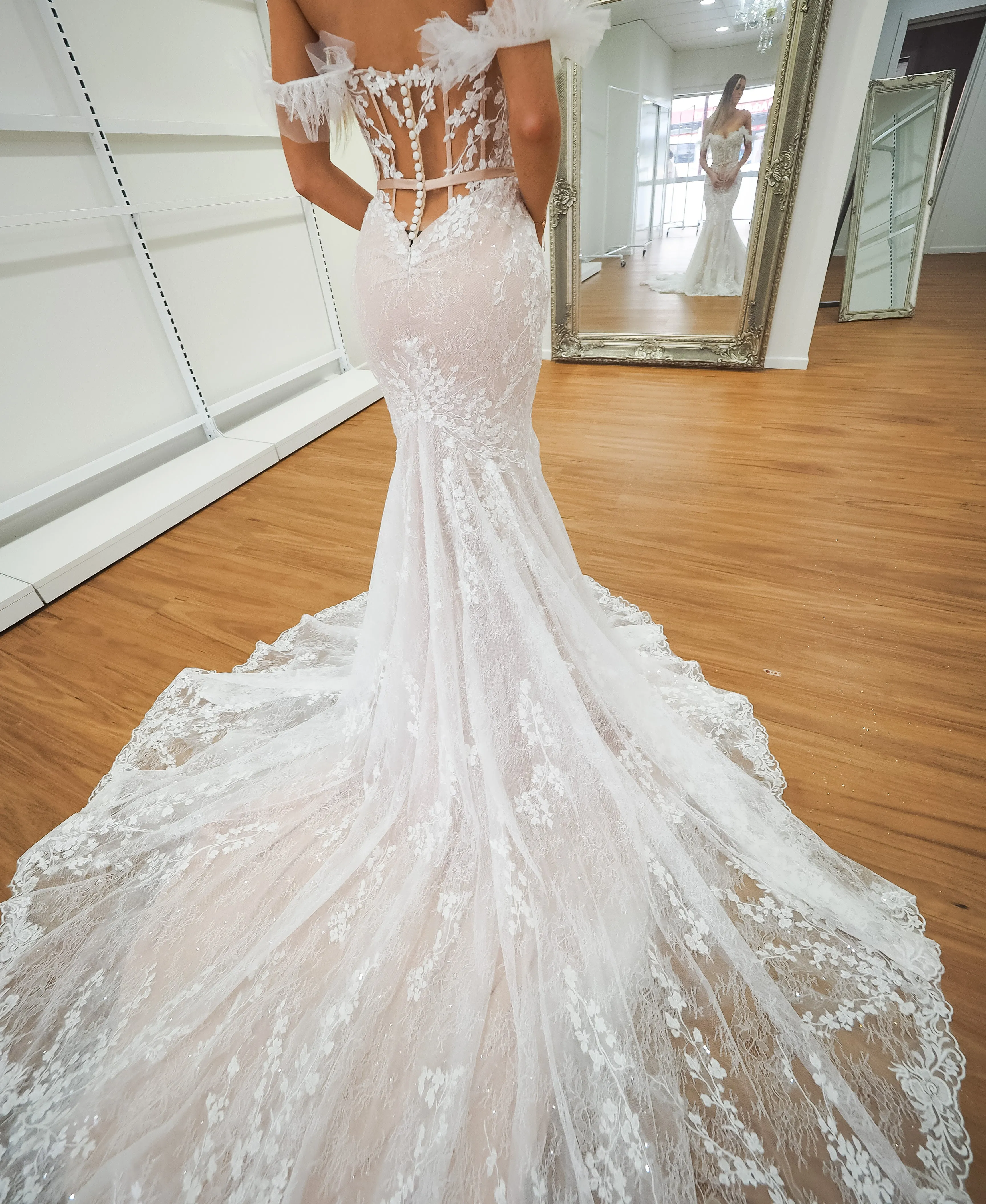 hidden bustier cups blush mermaid dress with long train for hire