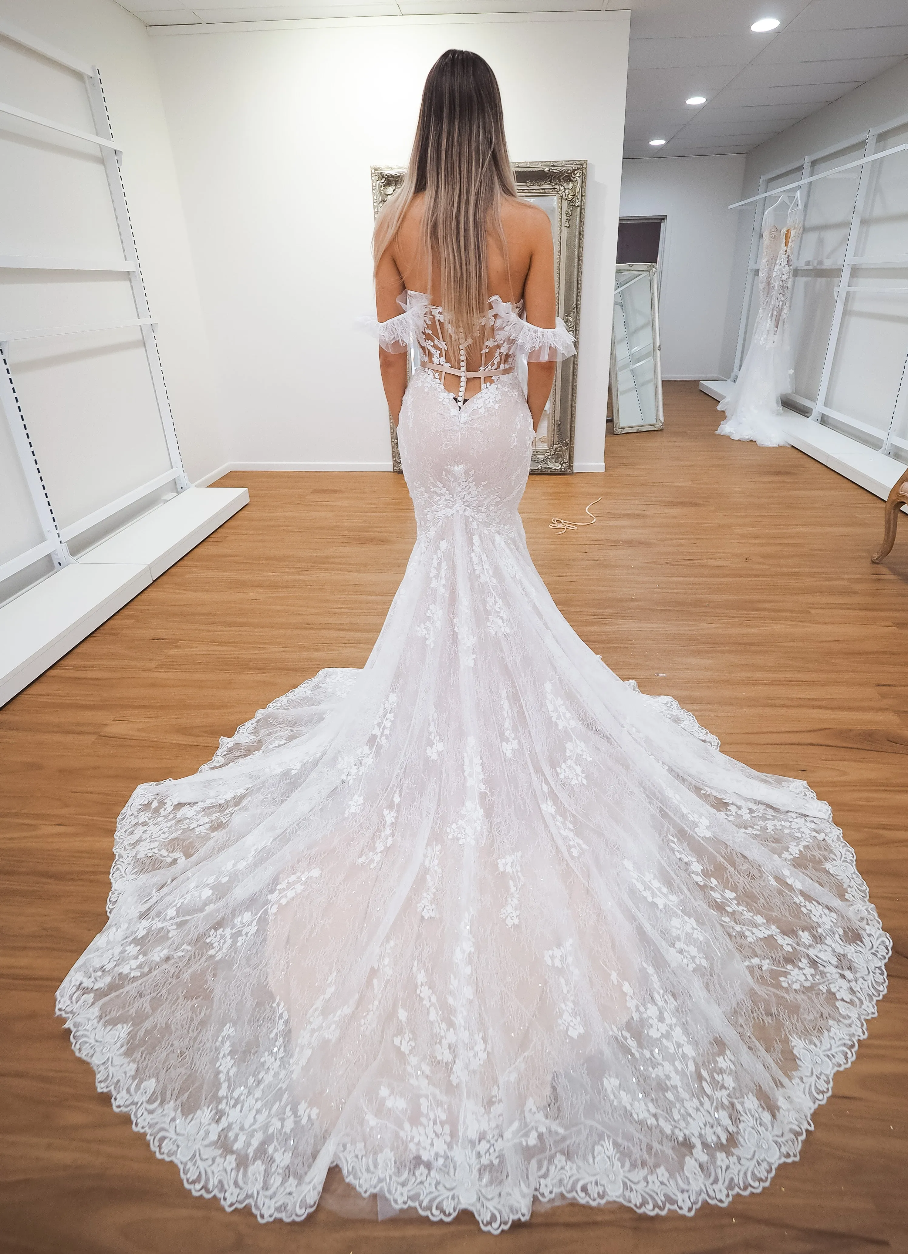 hidden bustier cups blush mermaid dress with long train for hire