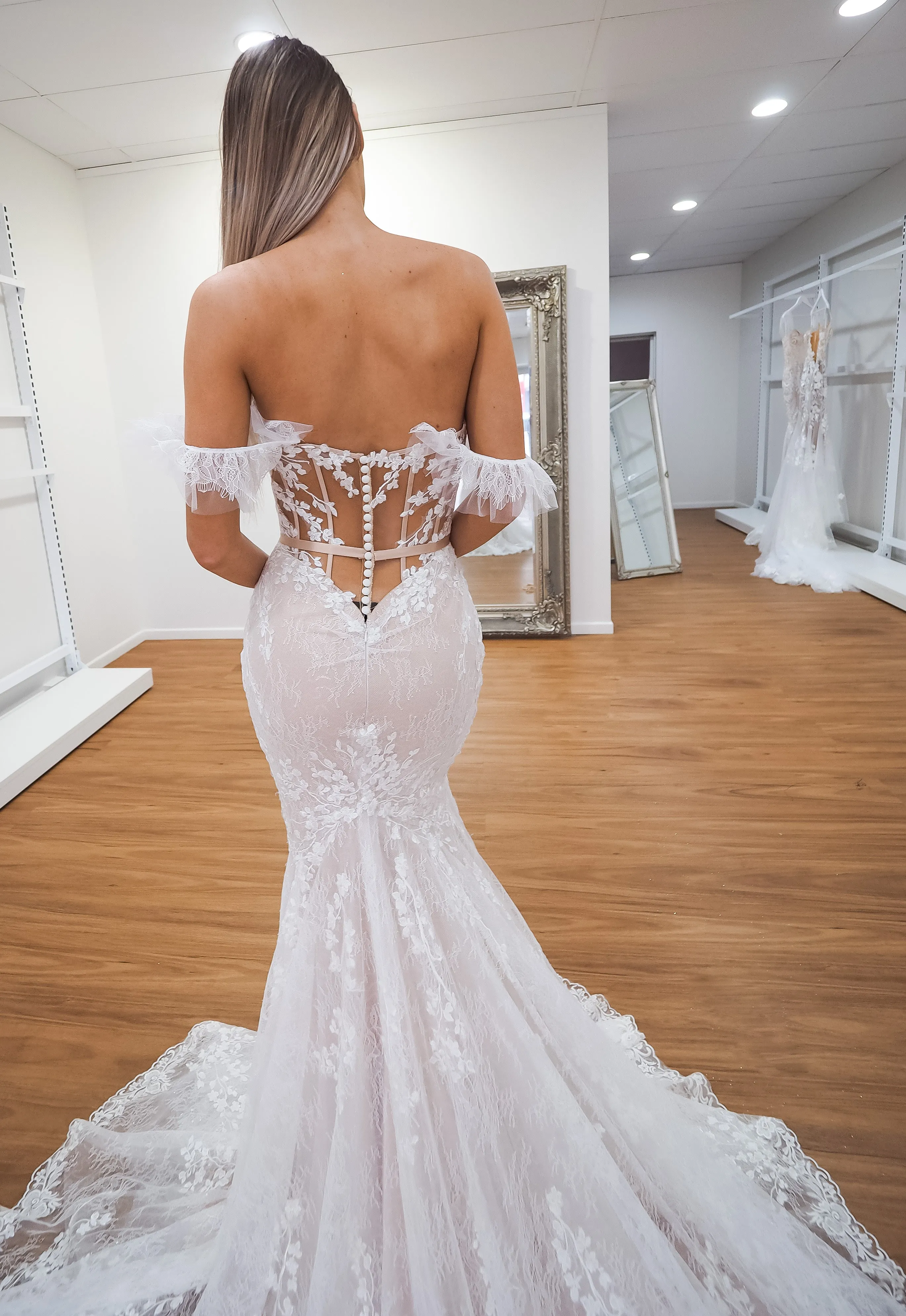 hidden bustier cups blush mermaid dress with long train for hire