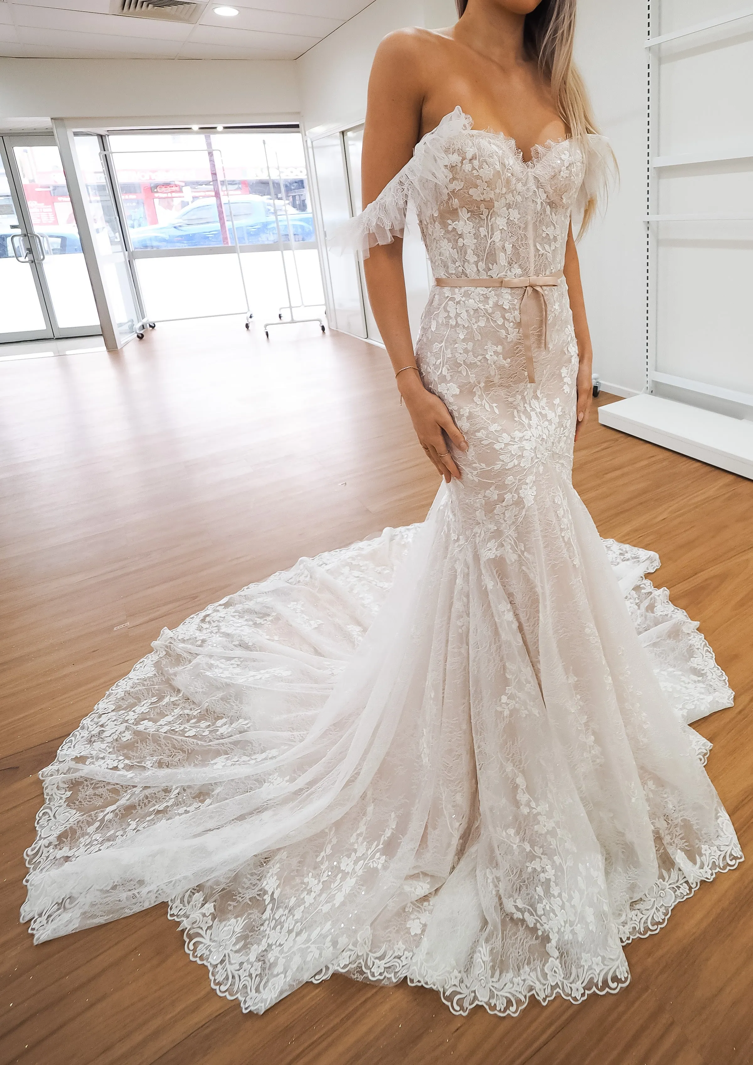 hidden bustier cups blush mermaid dress with long train for hire
