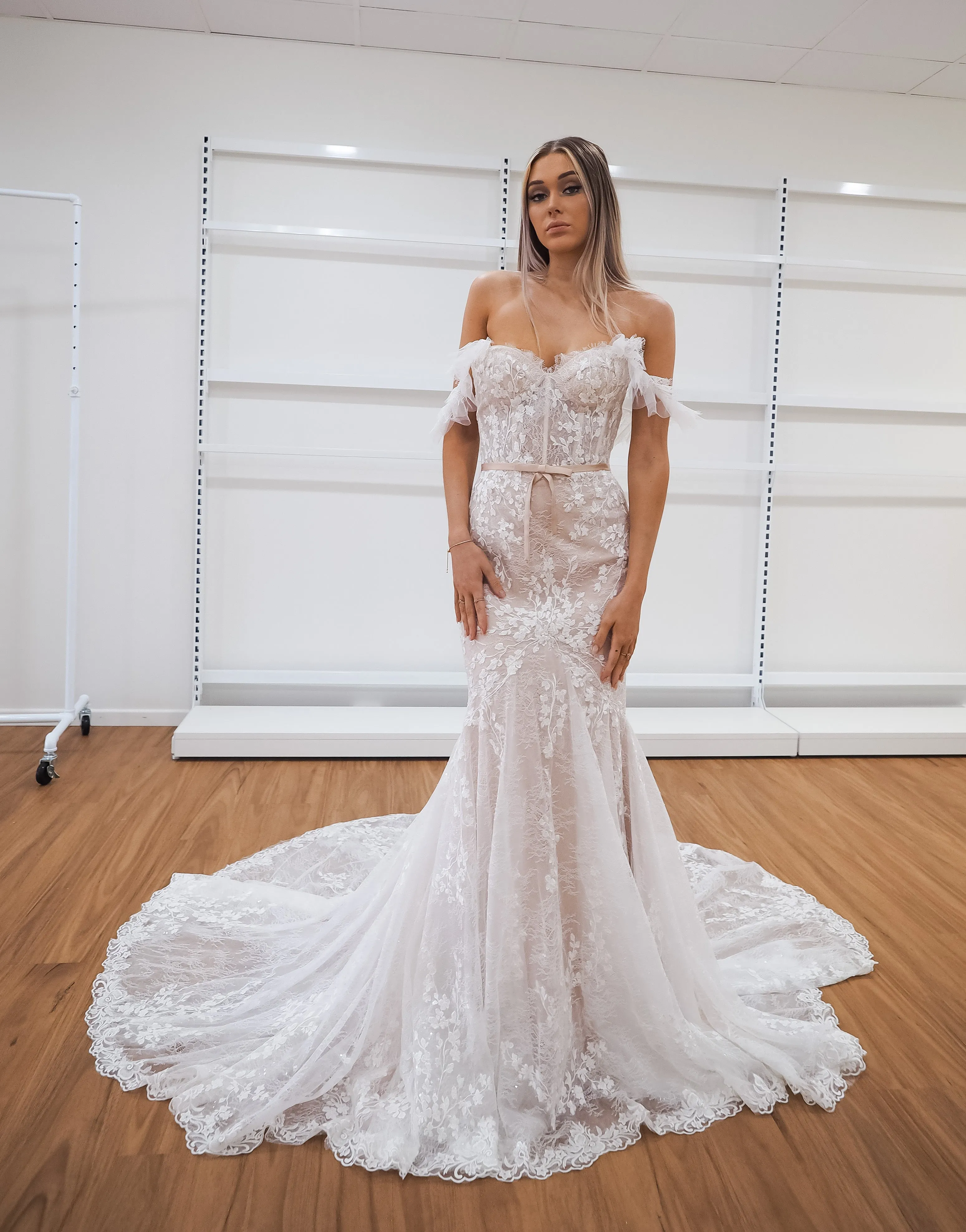 hidden bustier cups blush mermaid dress with long train for hire