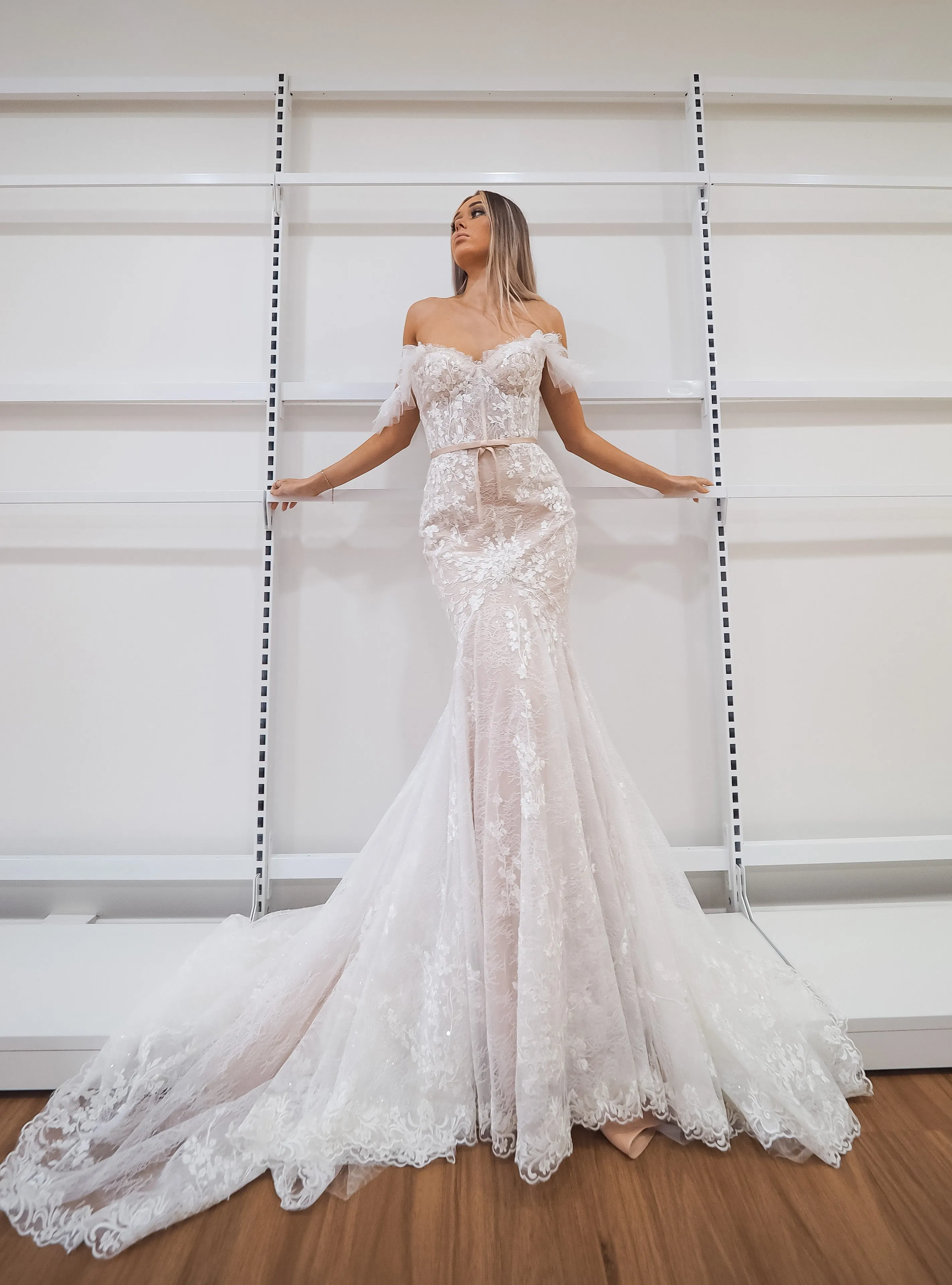 hidden bustier cups blush mermaid dress with long train for hire