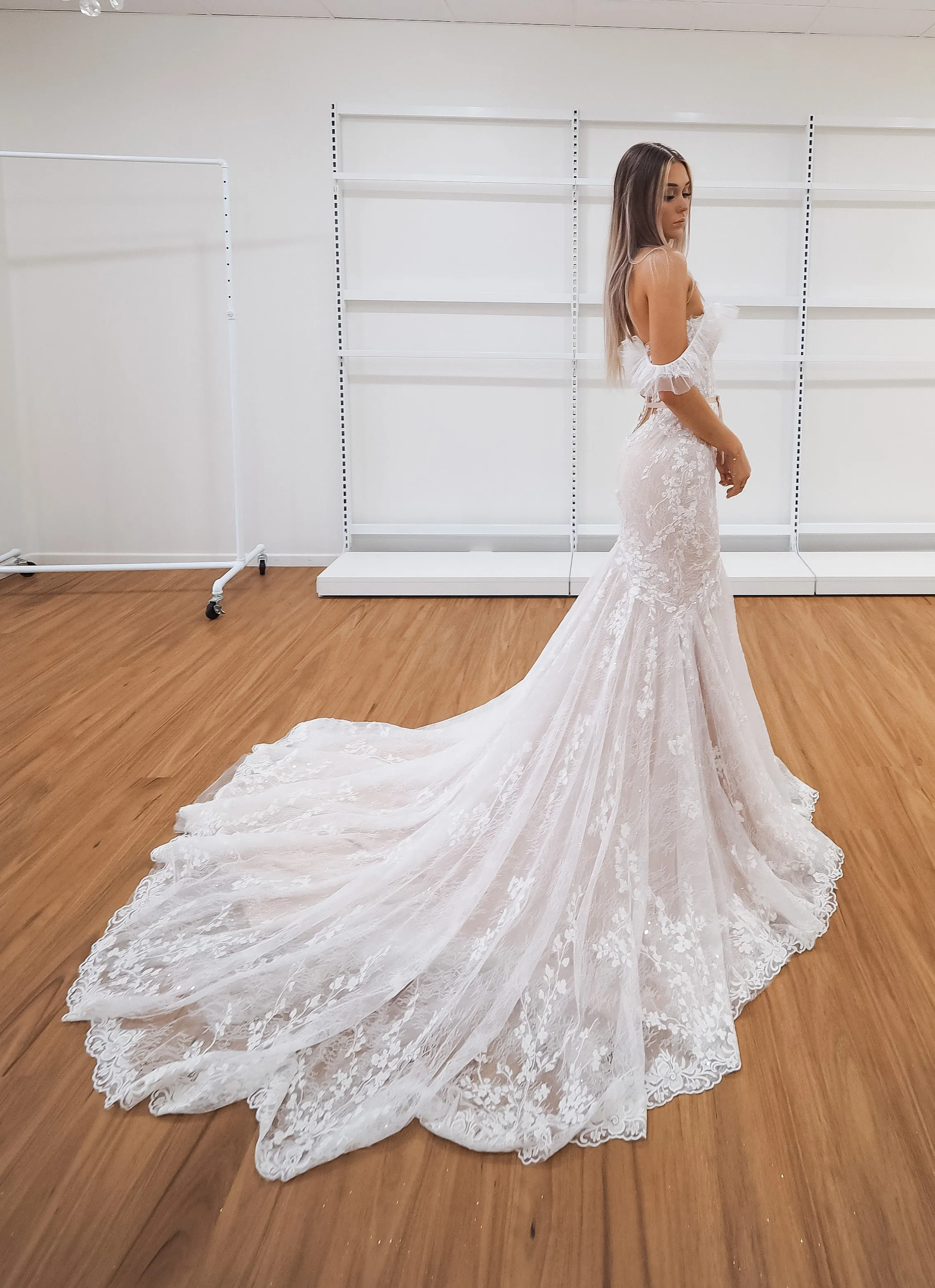 hidden bustier cups blush mermaid dress with long train for hire