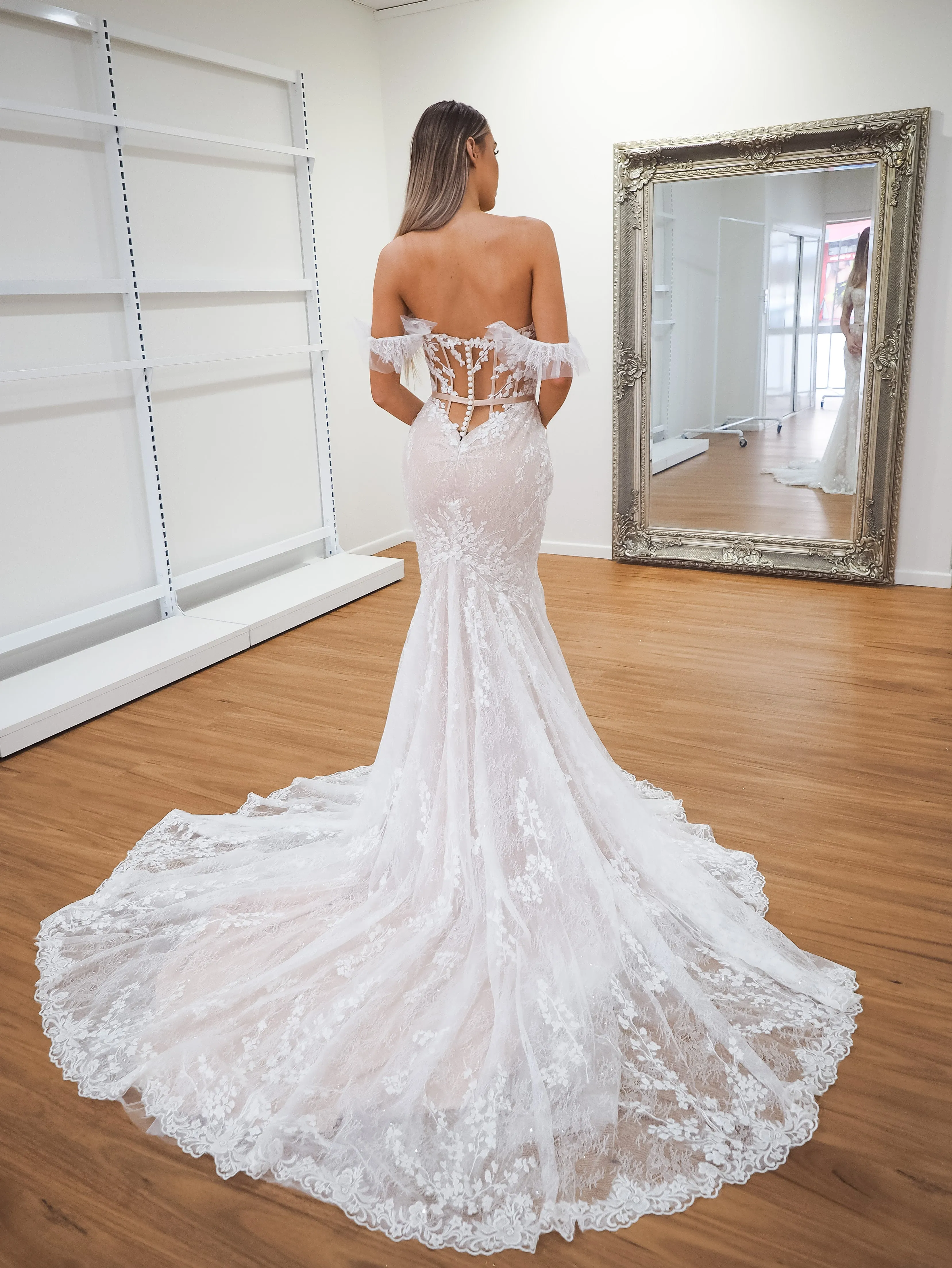 hidden bustier cups blush mermaid dress with long train for hire