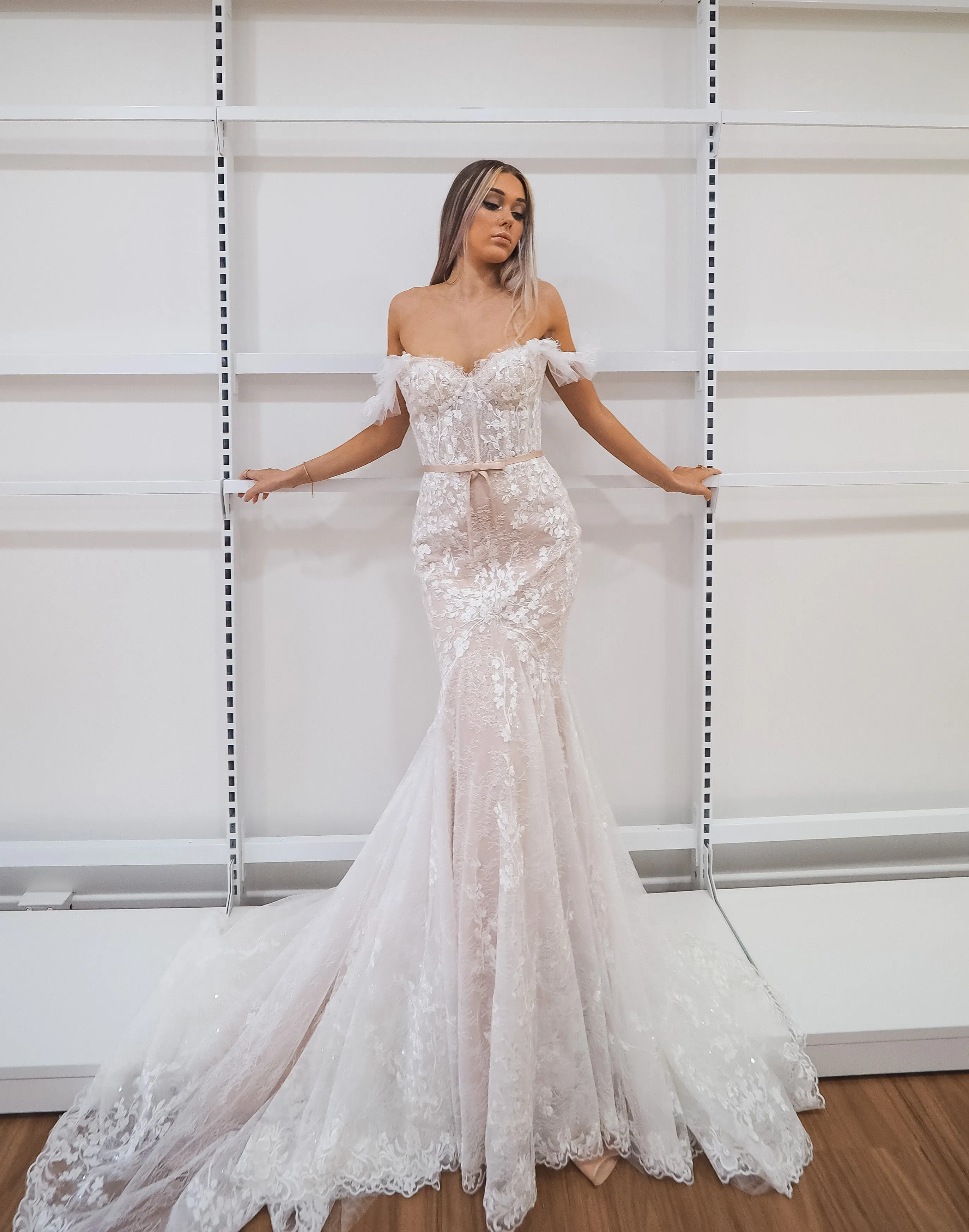 hidden bustier cups blush mermaid dress with long train for hire