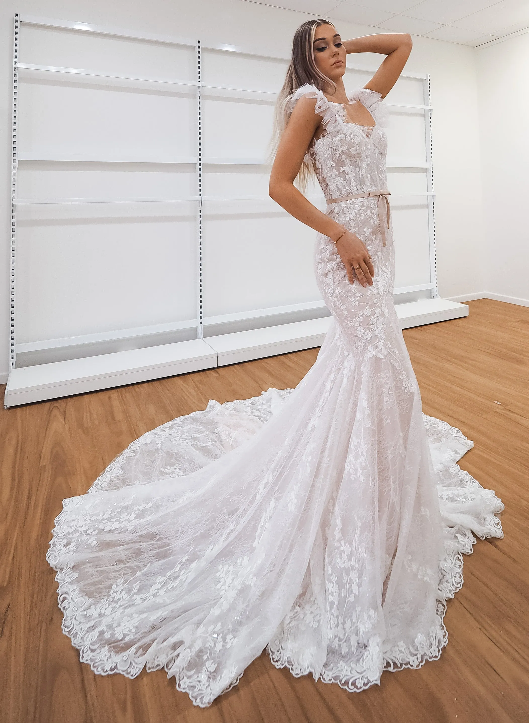 hidden bustier cups blush mermaid dress with long train for hire
