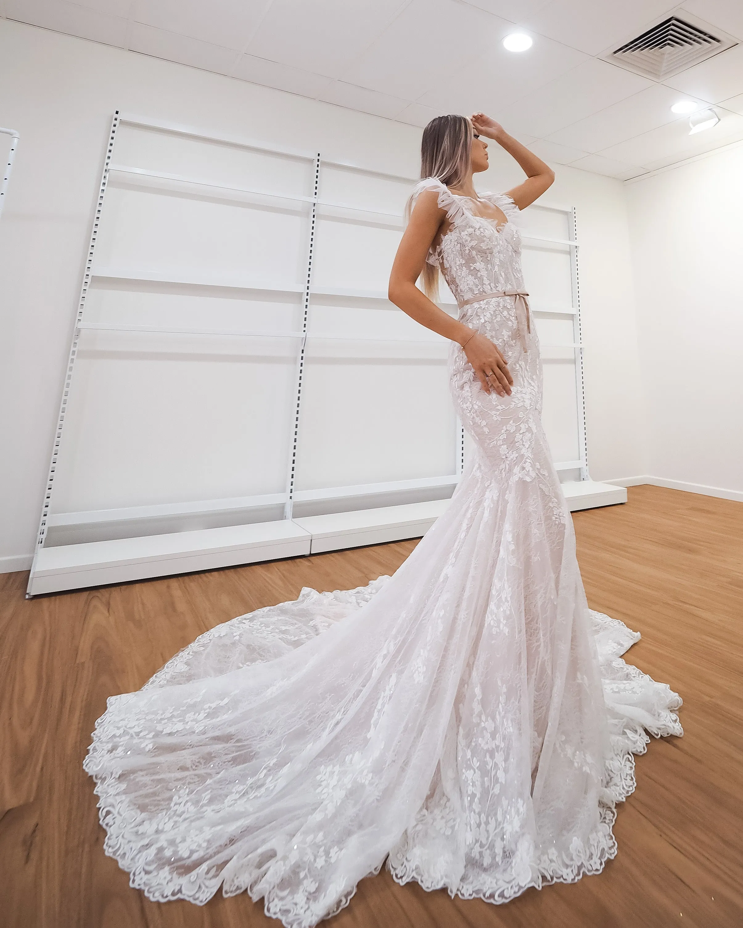 hidden bustier cups blush mermaid dress with long train for hire