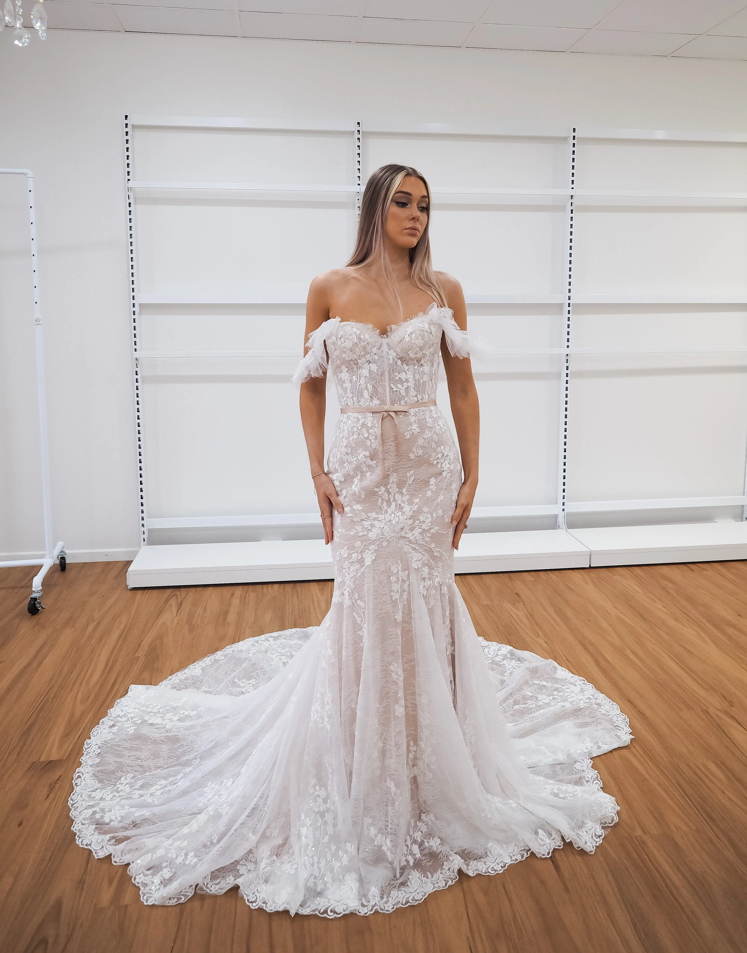 hidden bustier cups blush mermaid dress with long train for hire