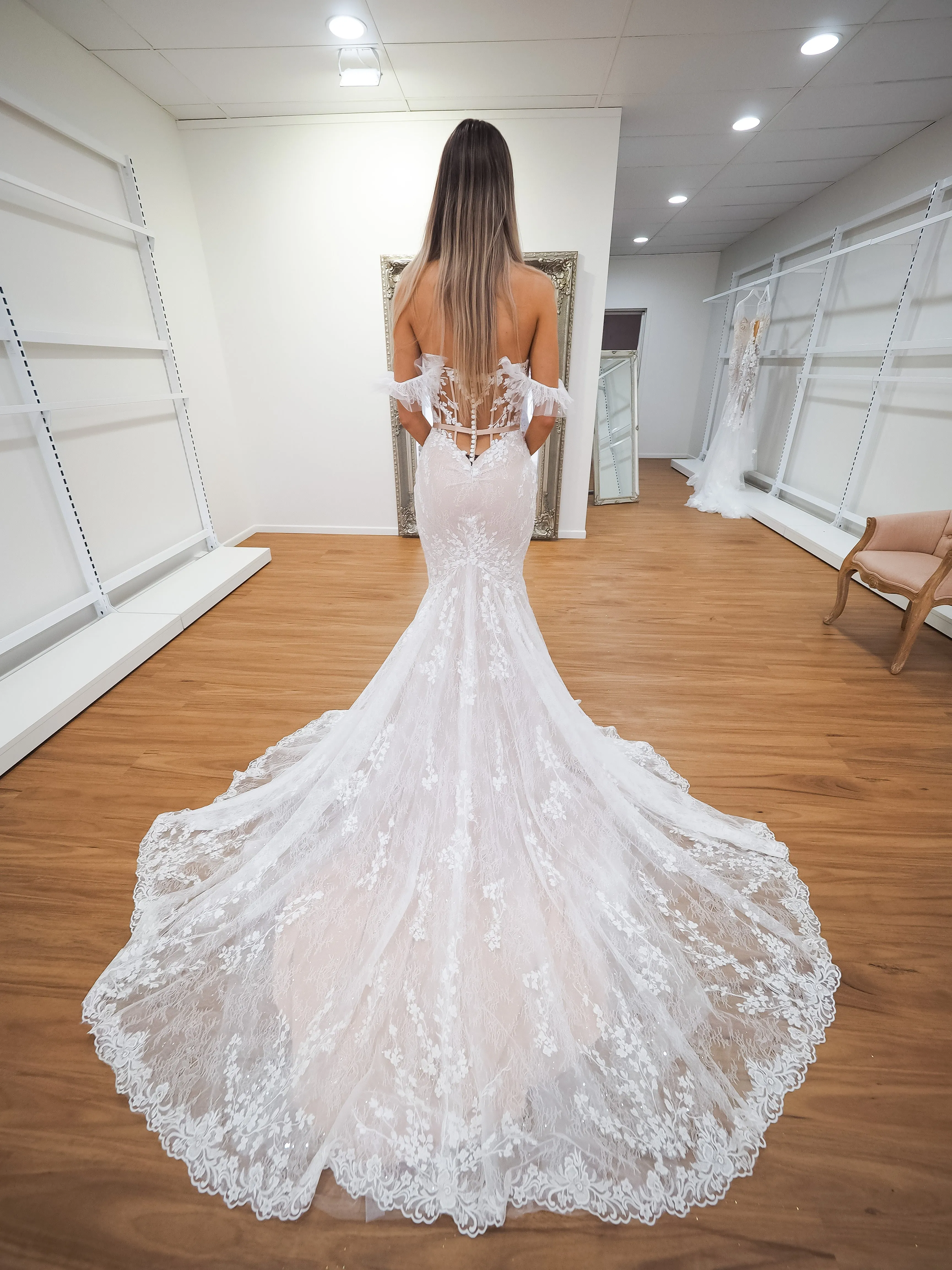 hidden bustier cups blush mermaid dress with long train for hire