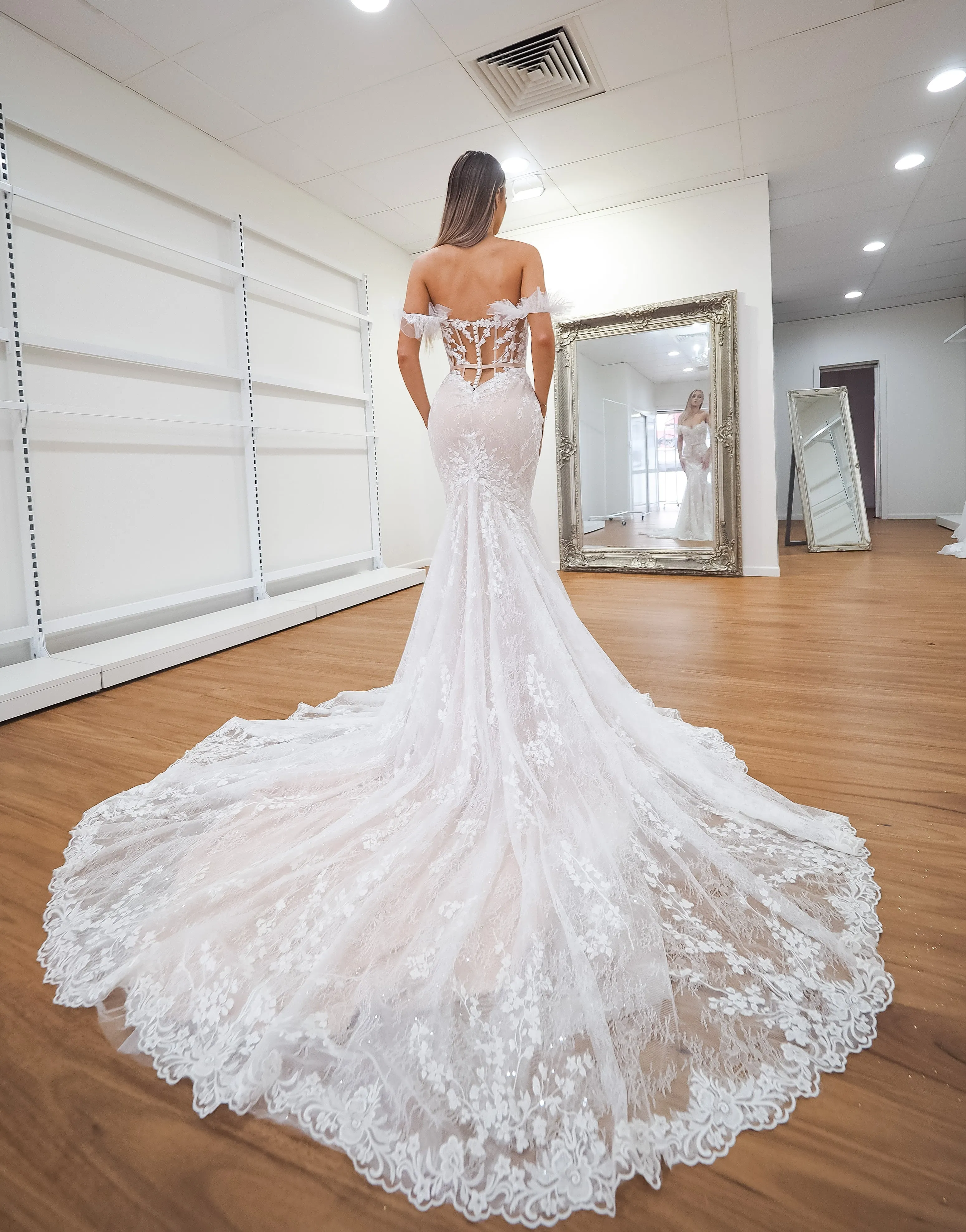 hidden bustier cups blush mermaid dress with long train for hire