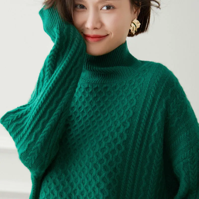 High Round Neck Loose Thickened Bottoming  Cashmere Sweater for Women